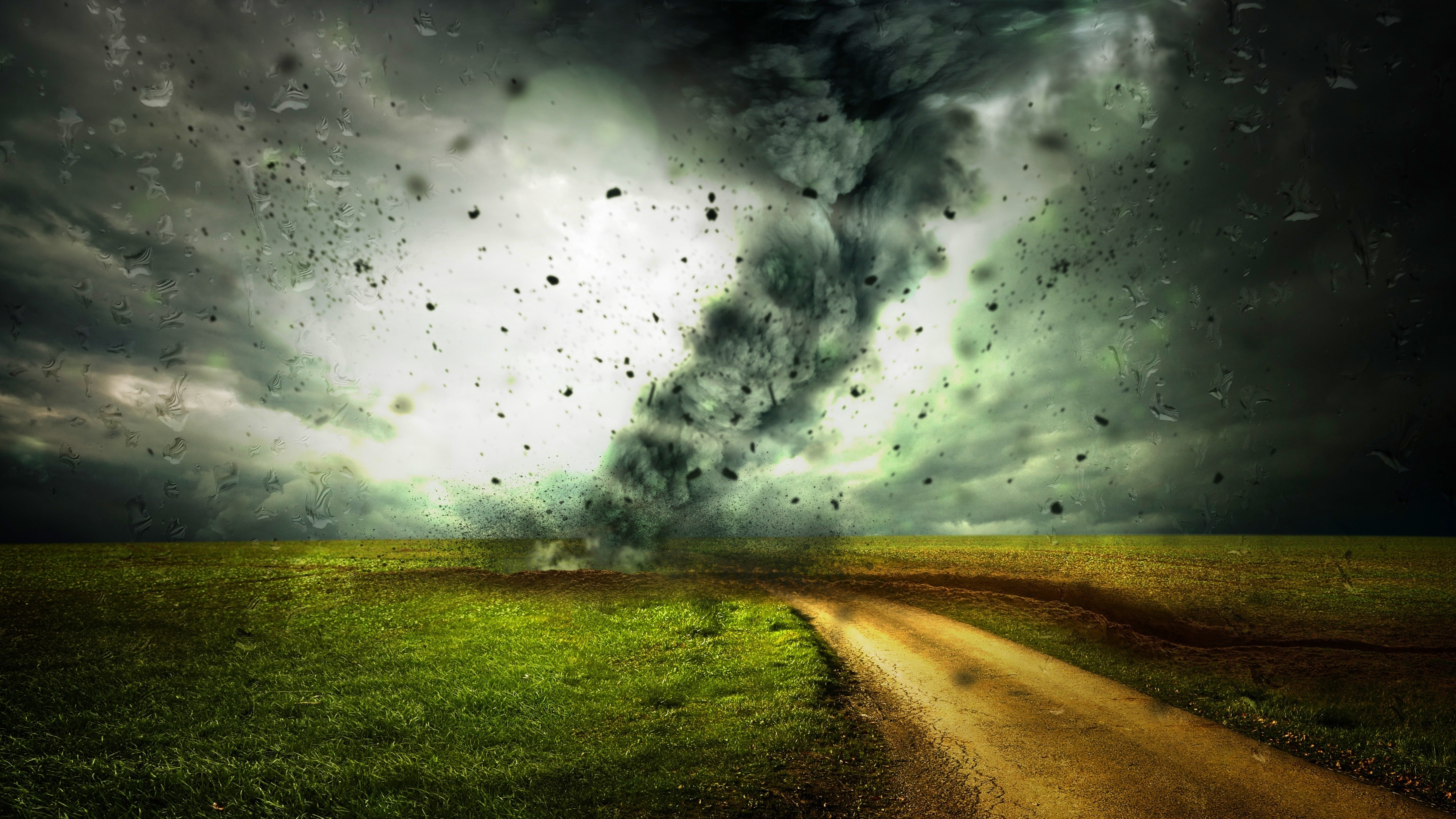 tornado, meadow, 5K, meteorological phenomenon, whirlwind, field, supercell, dirt road, storm, HD Wallpaper