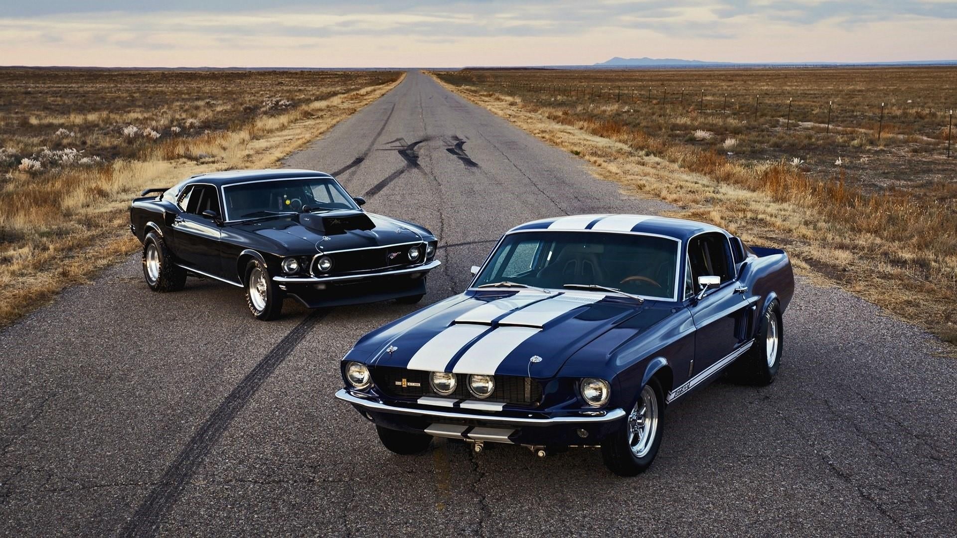 classic car, vintage car, stationary, no people, dirt road, 1080P, muscle car, land vehicle, street, ford mustang, sunlight, landscape, ford, road trip, HD Wallpaper