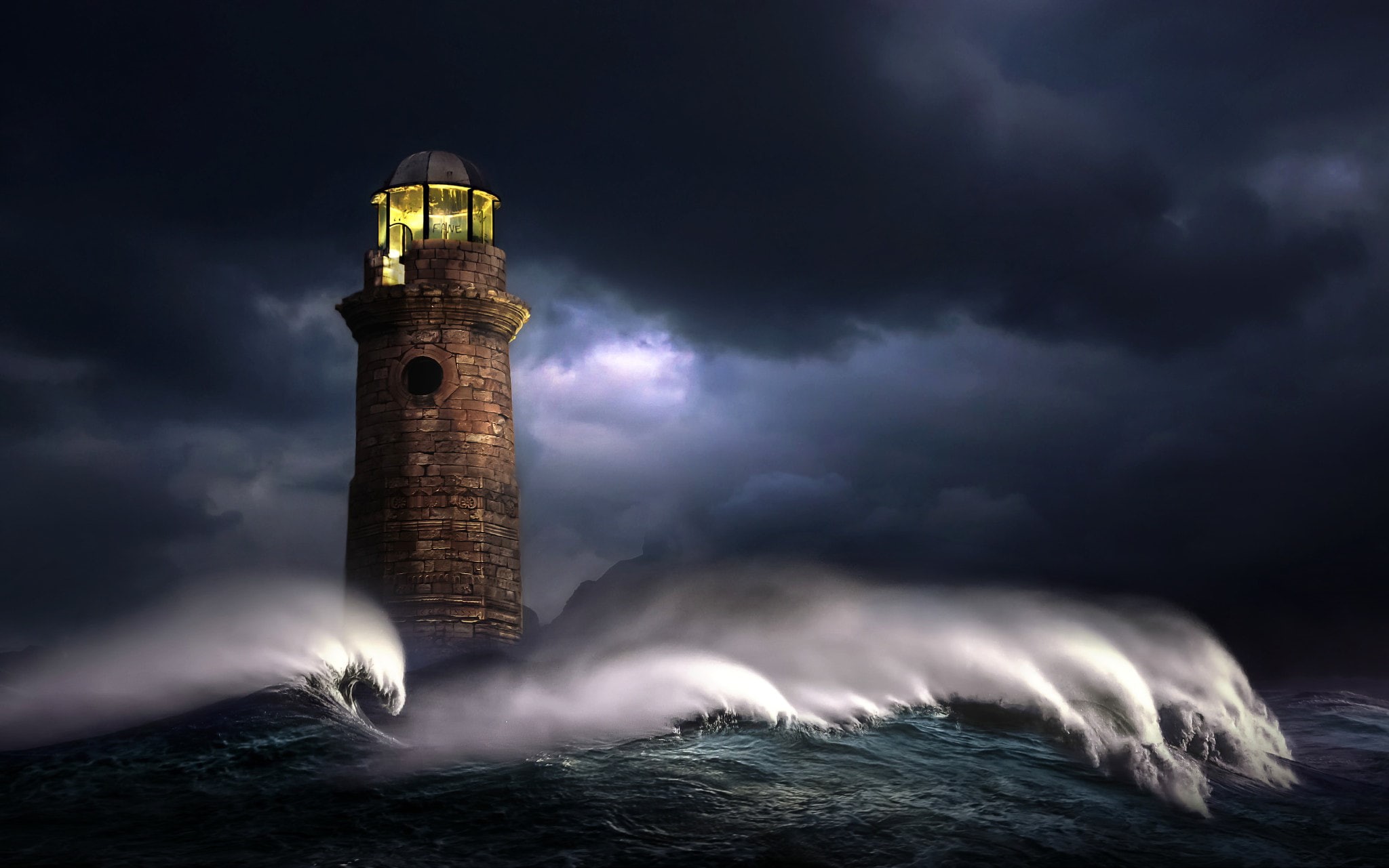 digital art, building exterior, motion, cloud - sky, water, waves, night, 1080P, 500px, nature, power in nature, architecture, dark, Nikos Bantouvakis, HD Wallpaper