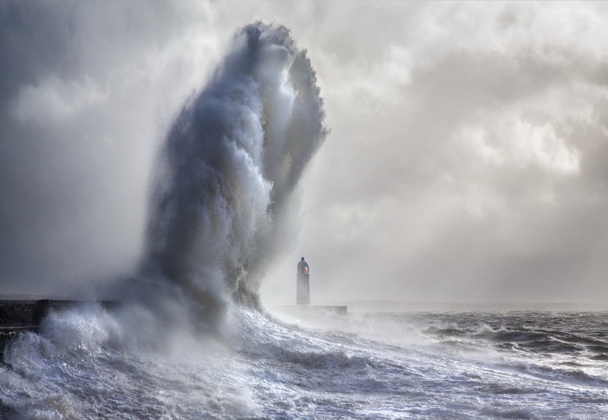 outdoors, storm, scenics - nature, 1080P, gray, sky, cloud - sky, power, day, power in nature, wave, nature, spraying, sea, Porthcawl Lighthouse, one person, HD Wallpaper