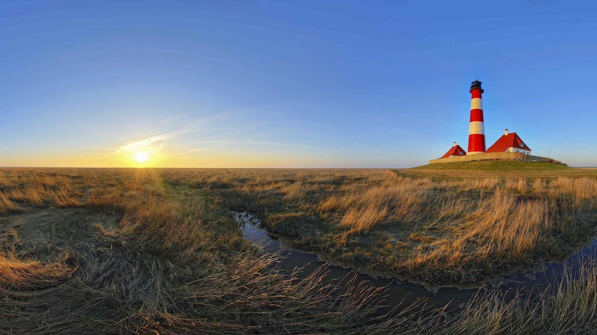 outdoors, beauty in nature, sun, plant, Schleswig-Holstein, tower, lens flare, sea, white, day, non-urban scene, sunset, built structure, grass, 1080P, HD Wallpaper