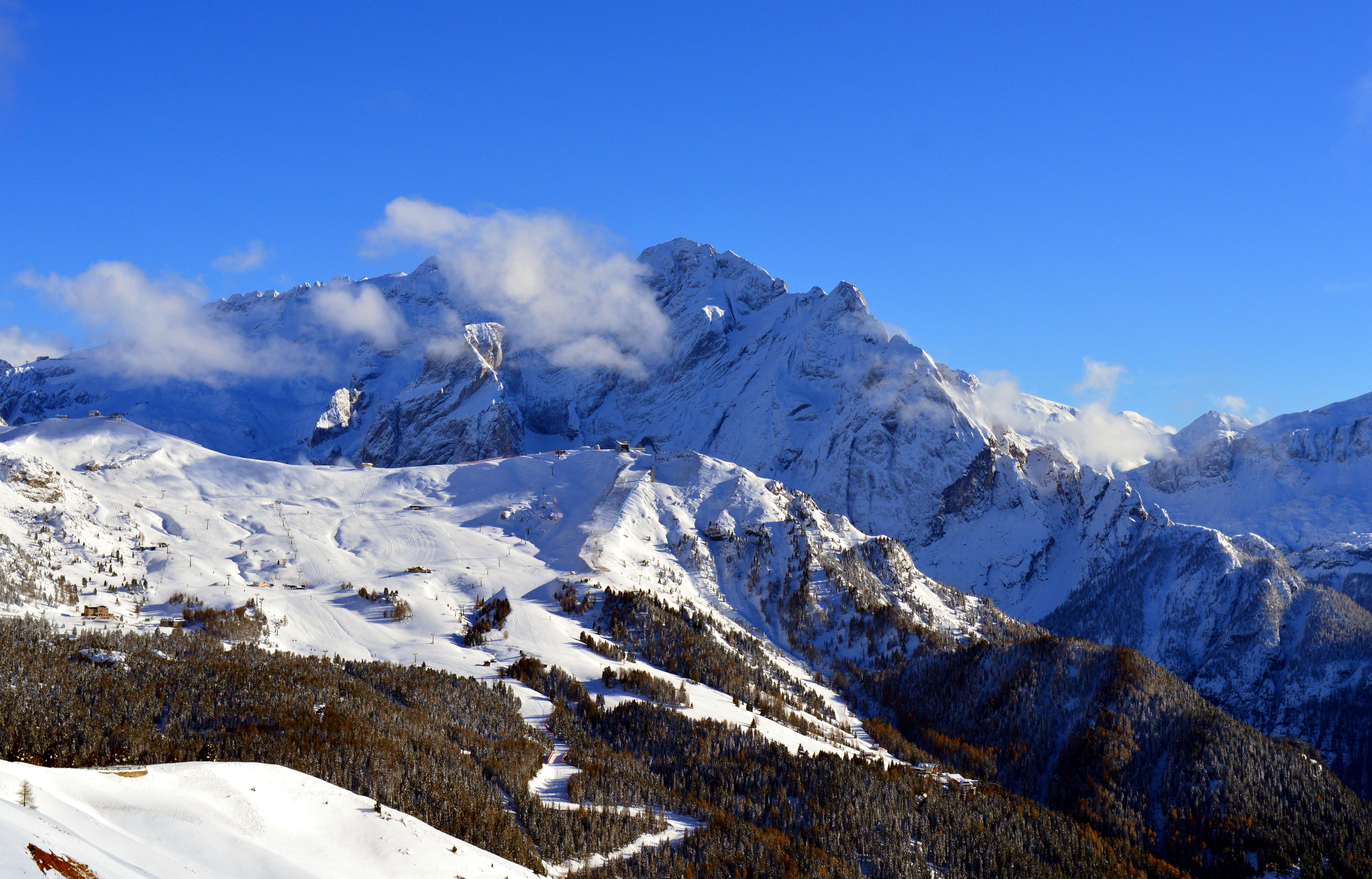 mountain peaks, beauty in nature, daytime, sella group, mountain, south tyrol, white, winter, day, blue sky, landscape, blue, nature, clouds, non-urban scene, HD Wallpaper