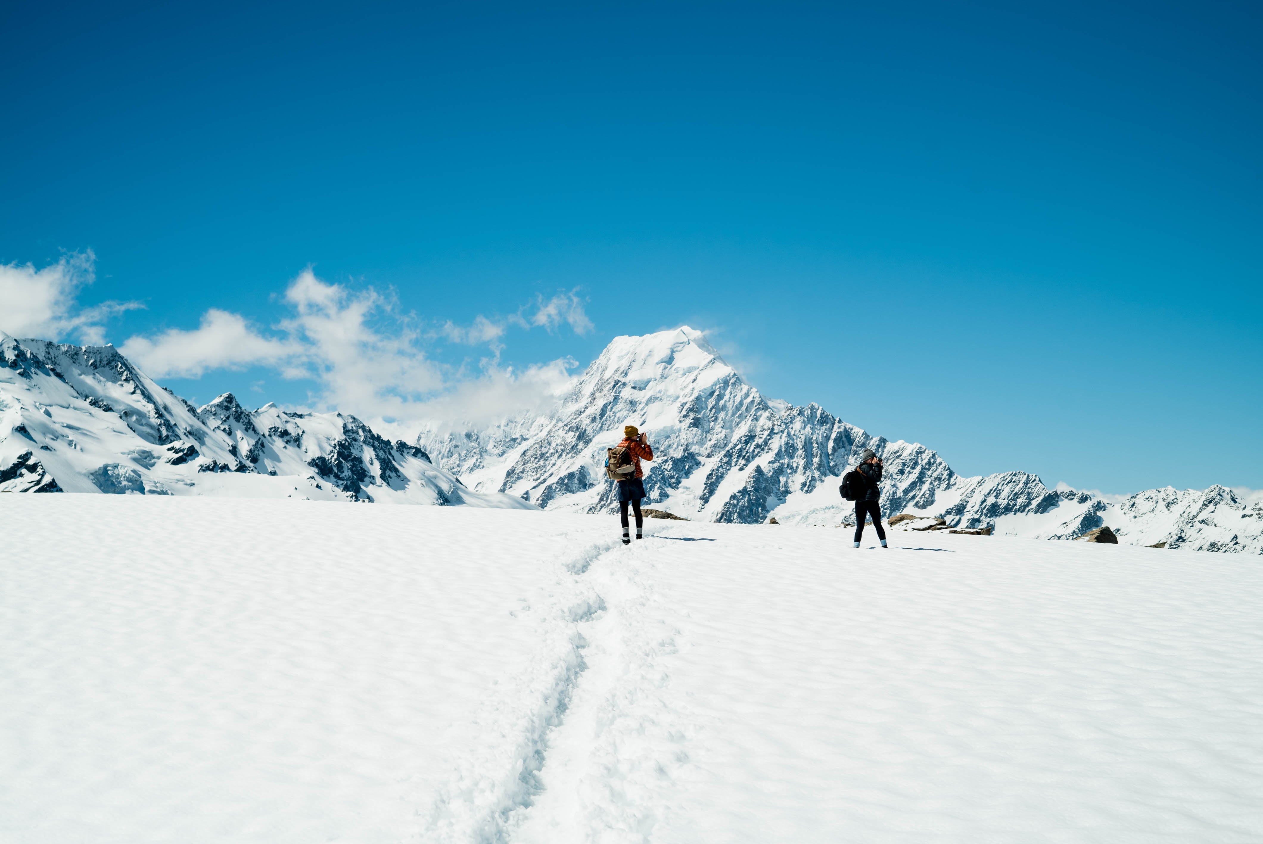 snowcapped mountain, day, photographer, mountain, 4K, climbing, bag pack, daytime, photo, scenics - nature, activity, cold temperature, winter sport, blue, HD Wallpaper