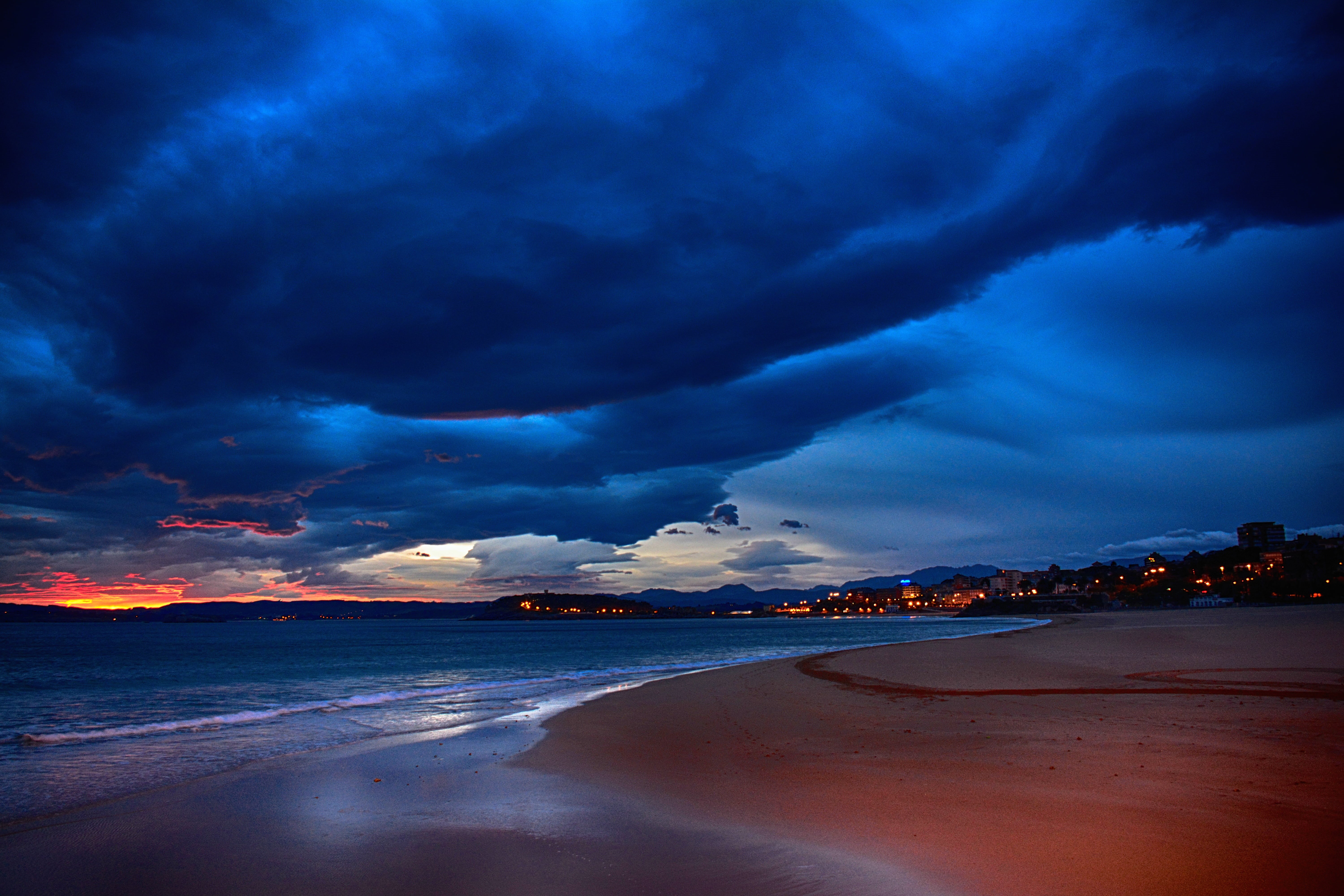 water, seashore, coastline, scenics, outdoors, cloud - Sky, by the seashore, beach, sand, sky, dusk, summer, Explored, vacations, sunrise, blue, 5K, cityscape, HD Wallpaper