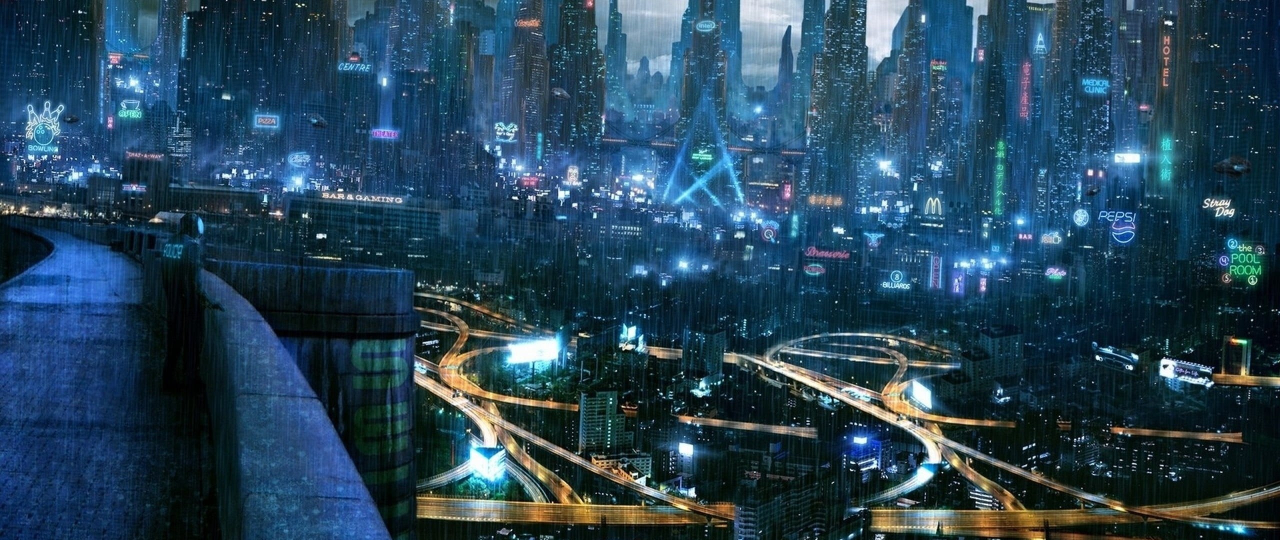 rain, building, night, city life, water, photography, 2K, modern, cityscape, science fiction, cyberpunk, architecture, building exterior, illuminated, HD Wallpaper
