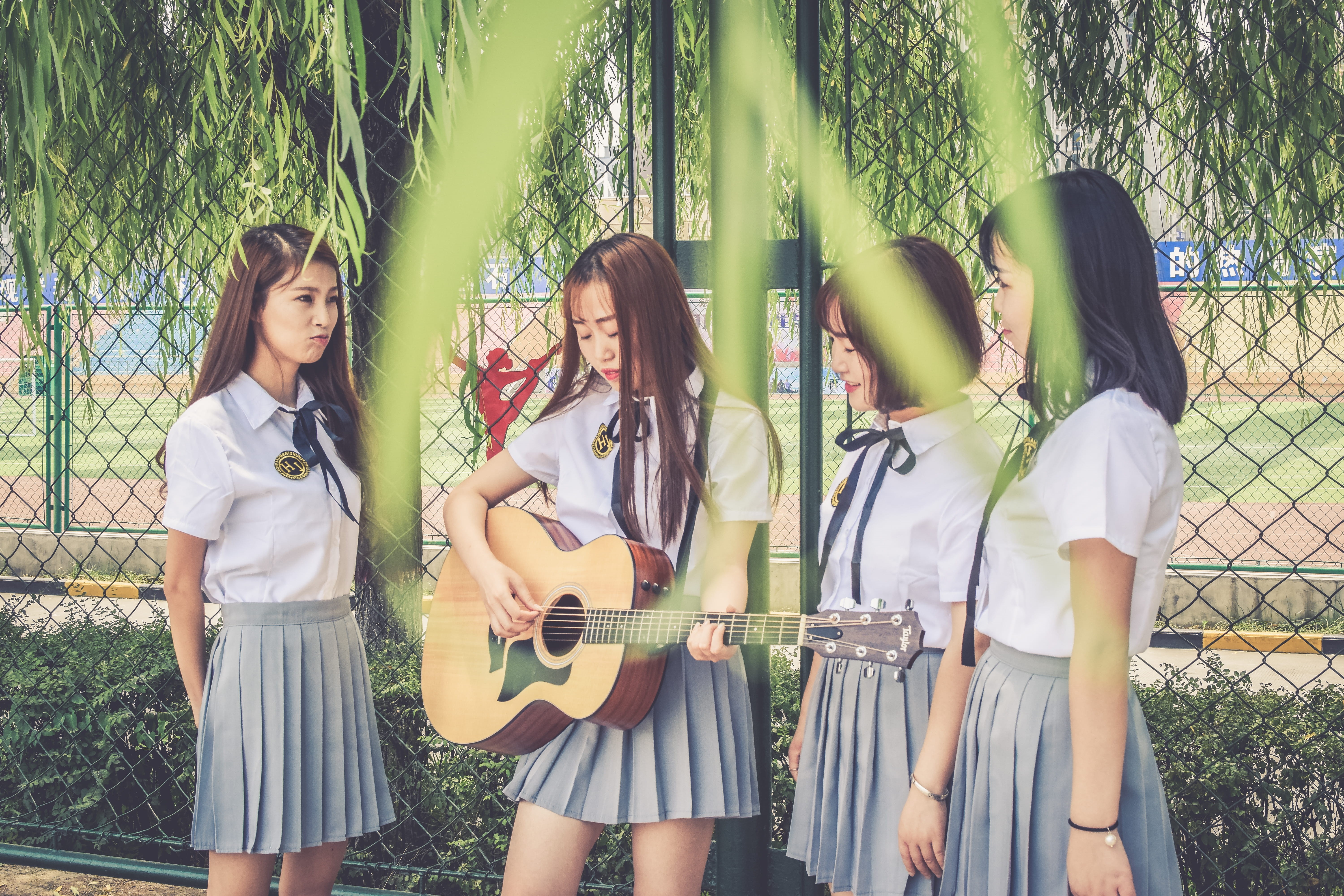 school, beautiful, leisure, musical instrument, singing, park, happiness, female, teenager, joy, leisure activity, fun, students, fence, young women, women, HD Wallpaper