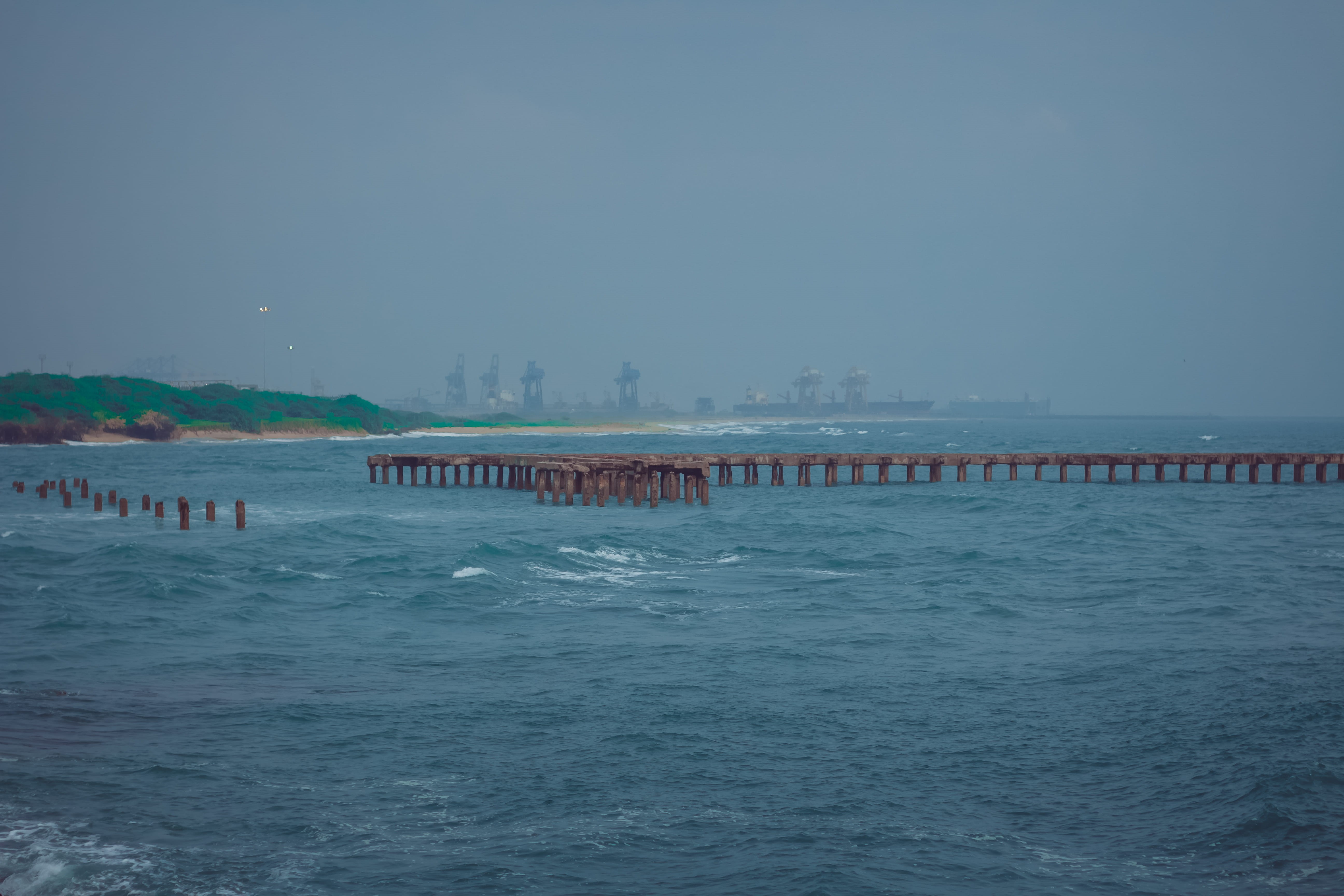 nature, architecture, sea, chimney, thalankuppam beach road, industry, building exterior, rough seas, beach, pier, rains, india, travels, ruins, cranes, HD Wallpaper