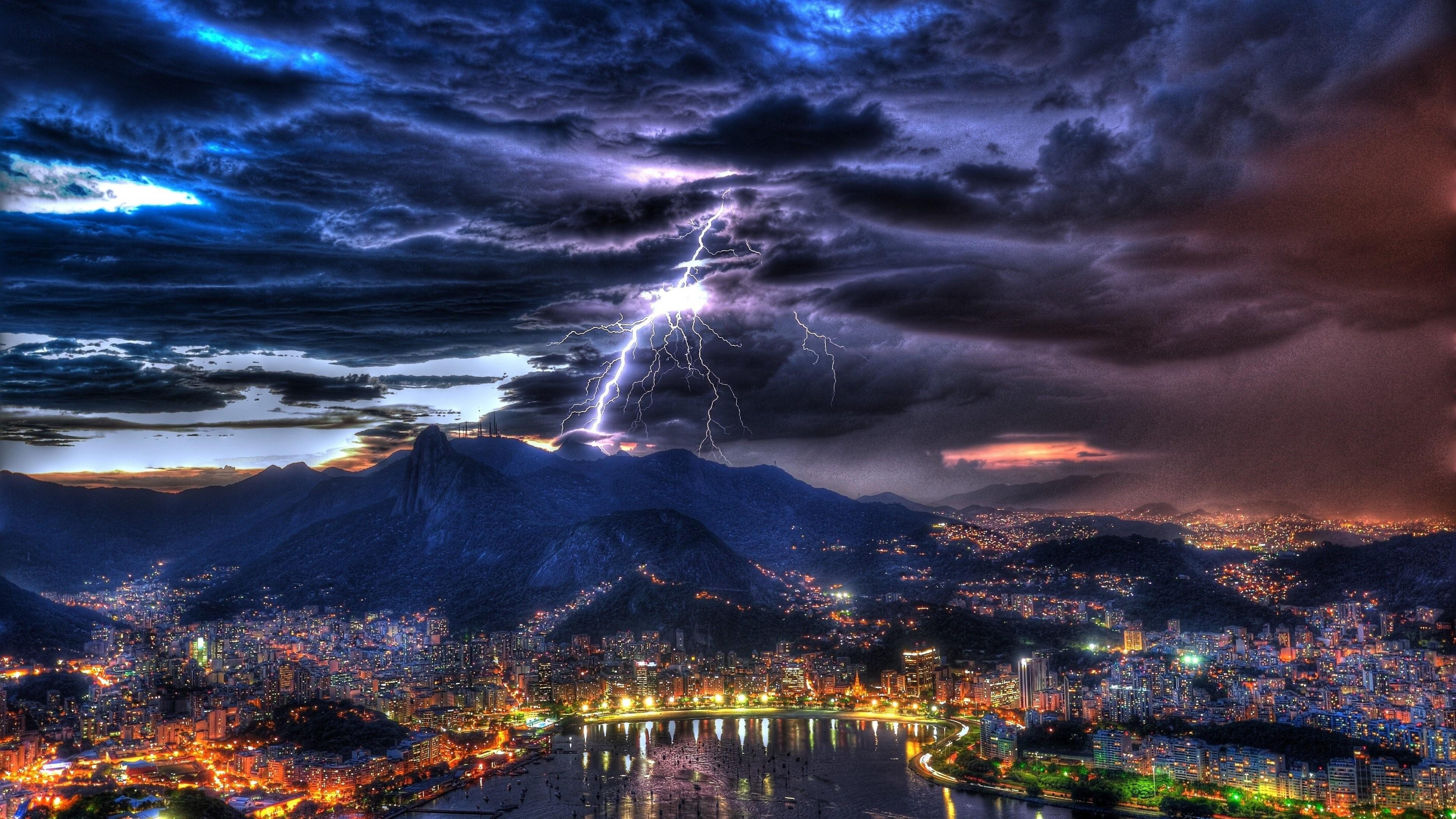 storm, south america, brazil, phenomenon, rio de janeiro, darkness, weather, night sky, cityscape, city lights, 4K, night, rio, city, evening, lightning, HD Wallpaper