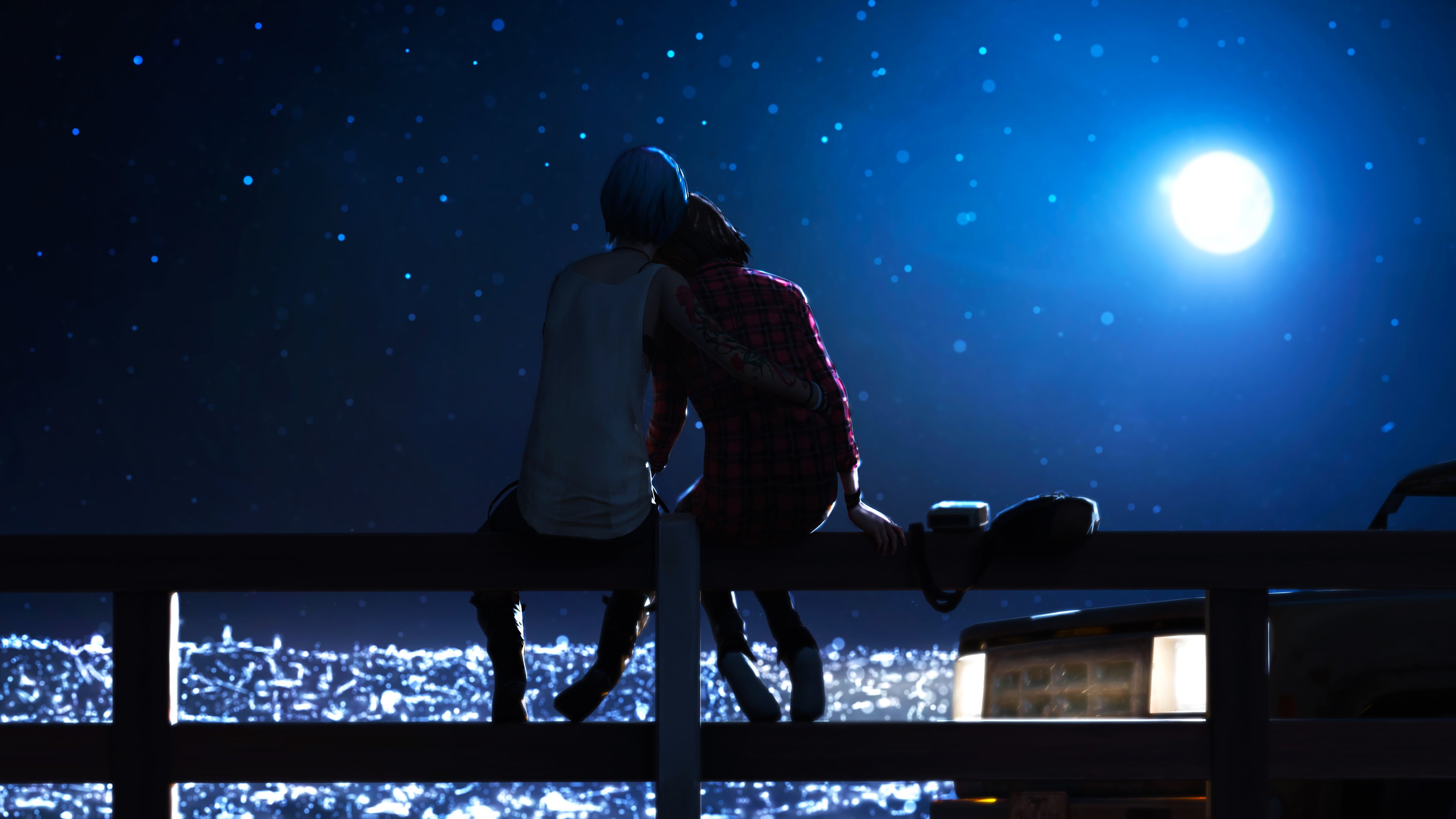 leisure activity, two people, rear view, nature, sky, three quarter length, adult, Life Is Strange, railing, night, sitting, togetherness, illuminated, HD Wallpaper
