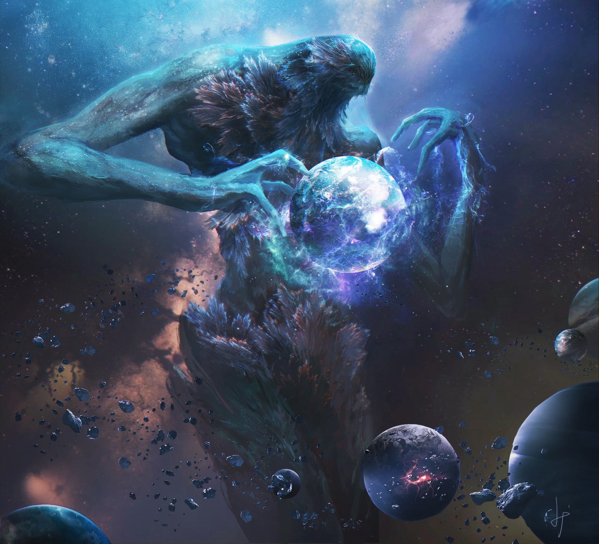 backgrounds, animals in the wild, one person, blue, 1080P, fan art, star - Space, nebula, futuristic, water, Fang Xinyu, astronomy, night, fantasy, animal, HD Wallpaper