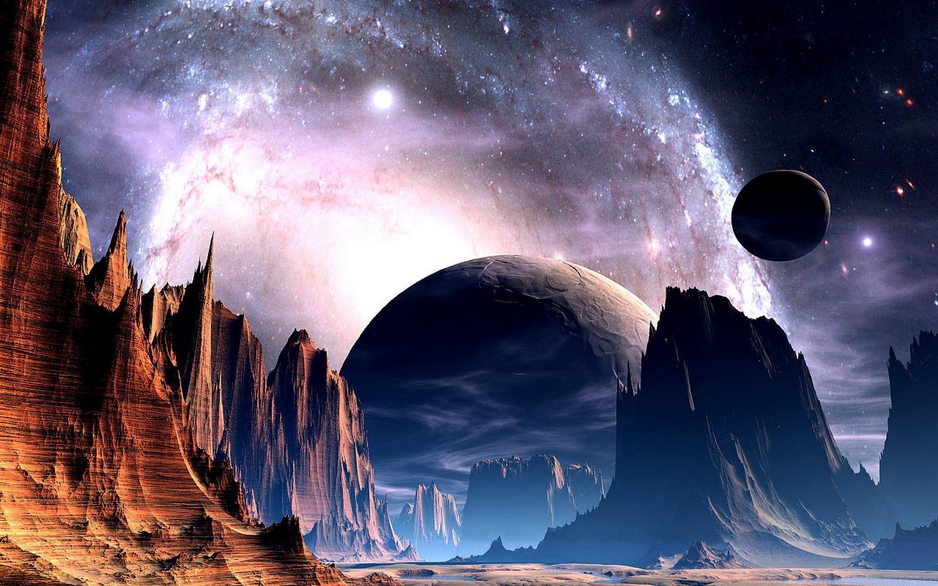 mountains, cliff, nature, landscapes, planets, fi, sci, space, fiction, art, sky, galaxy, spire, nebula, 1080P, science, alien, universe, artistic, bright, HD Wallpaper