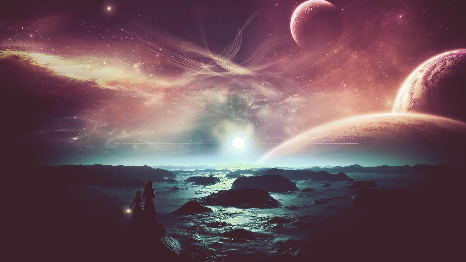 ocean, alien, landscape, body, 1080P, rock, star, brown, planet, water, galaxy, fantasy, 1920x1080, cliff, HD Wallpaper