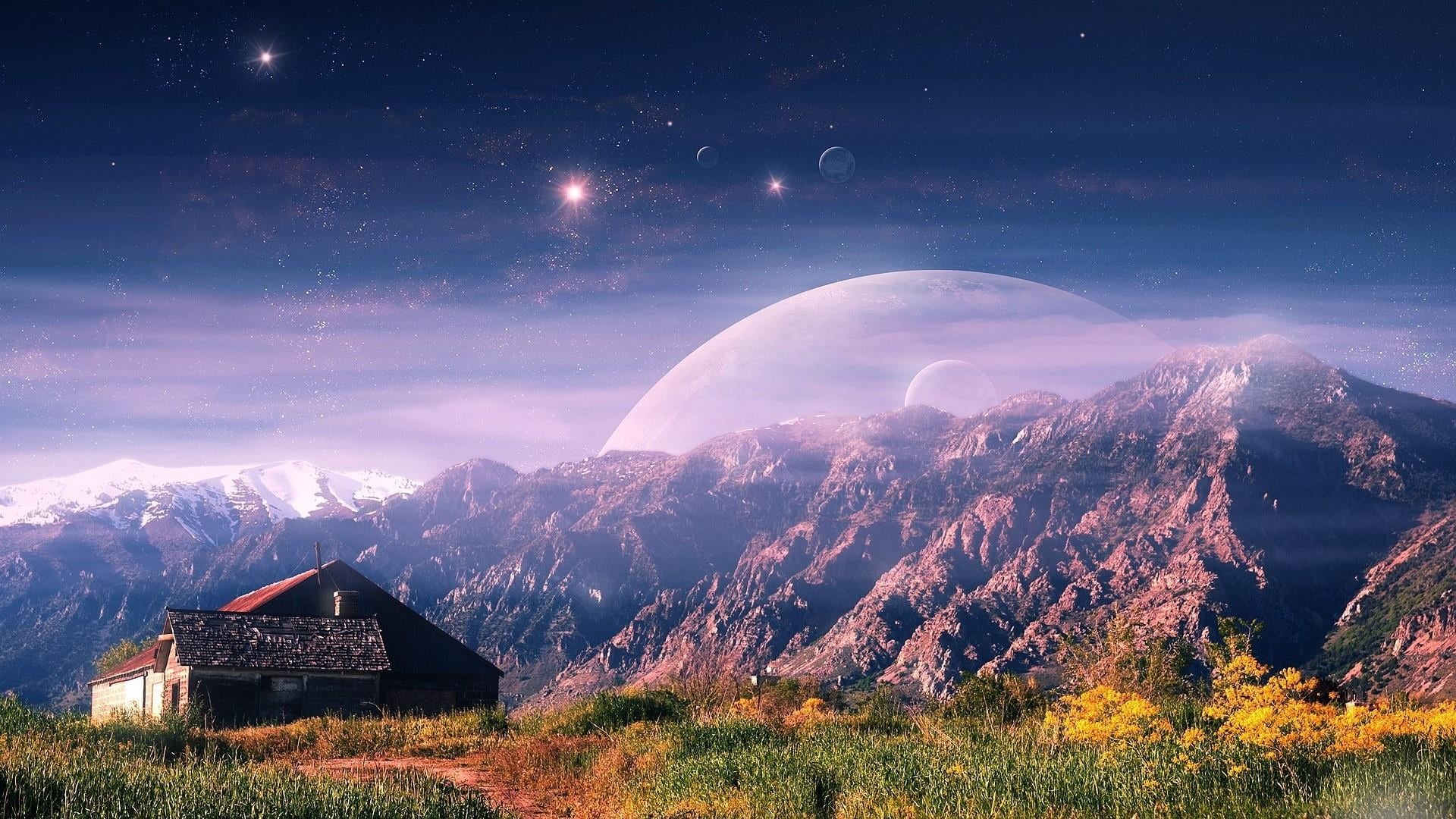 beauty in nature, hut, no people, building, winter, mountain peak, cold temperature, planet, landscape, architecture, built structure, star - space, mount scenery, HD Wallpaper
