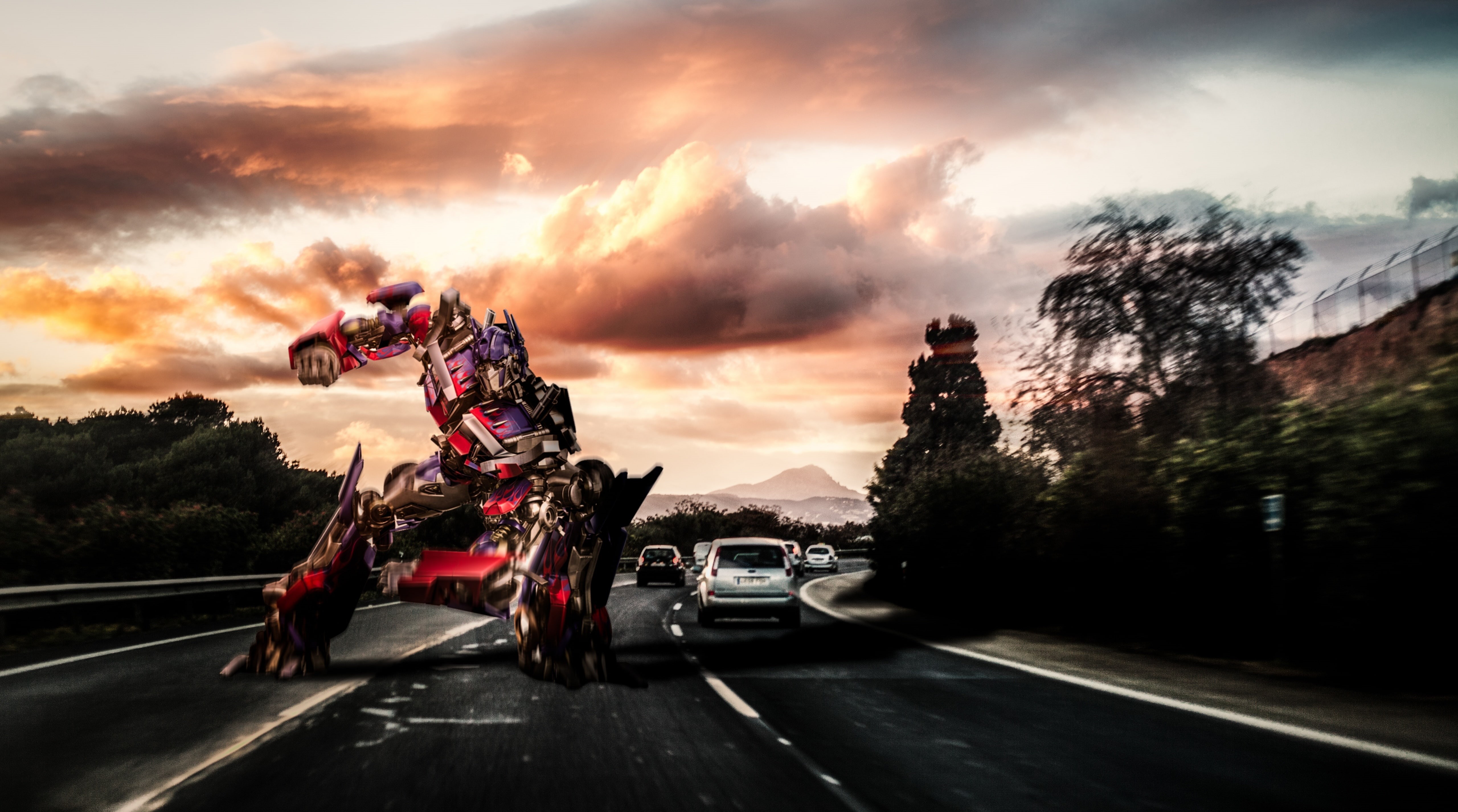 helmet, cloud - sky, canon, Robot, Road, people, headwear, Landscape, Photoshop, car, tree, Landing, 5K, motor vehicle, Sunset, motorcycle, land vehicle, HD Wallpaper
