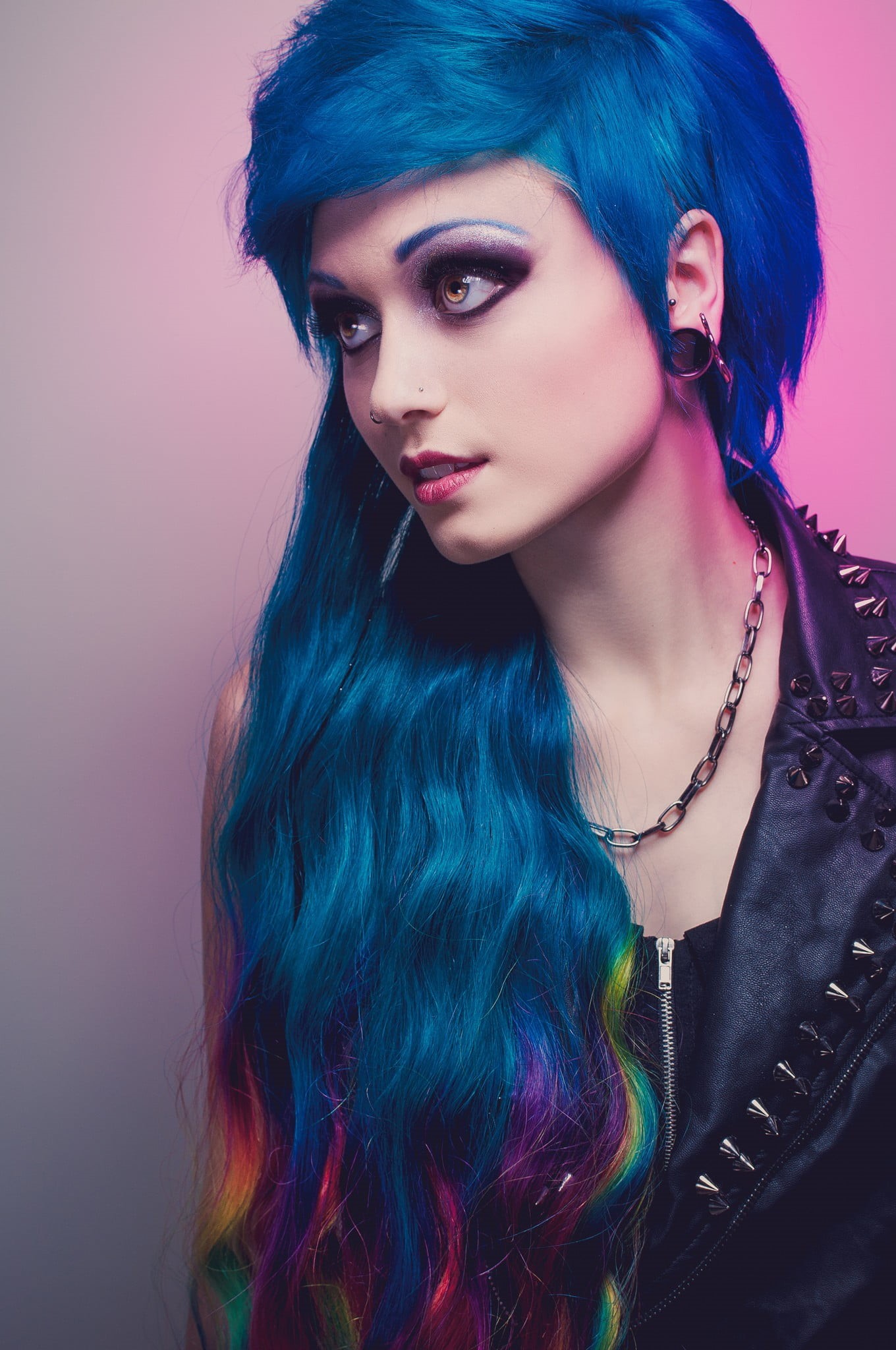 beautiful woman, fashion, nose rings, beauty, beautiful people, pierced nose, dyed hair, make-up, looking away, Evie K. Grgurich, face, spiky, colorful, Phone HD Wallpaper