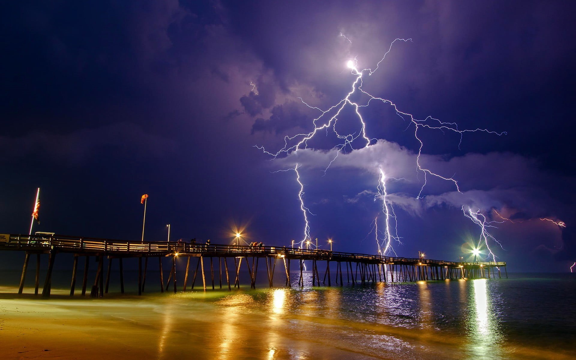 illuminated, dock, forked lightning, reflection, power, cloud - sky, water, night, power in nature, no people, dramatic sky, pier, beauty in nature, storm, HD Wallpaper