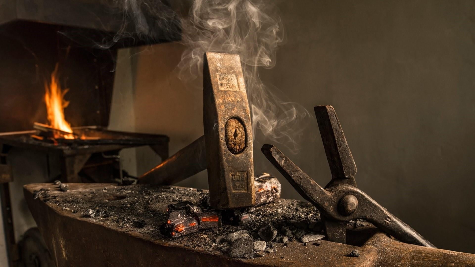 metal industry, metalsmith, tool, indoors, 1080P, blacksmith, smoke, metal, glowing, hand tool, workshop, iron - metal, wood - material, burning, fire, HD Wallpaper