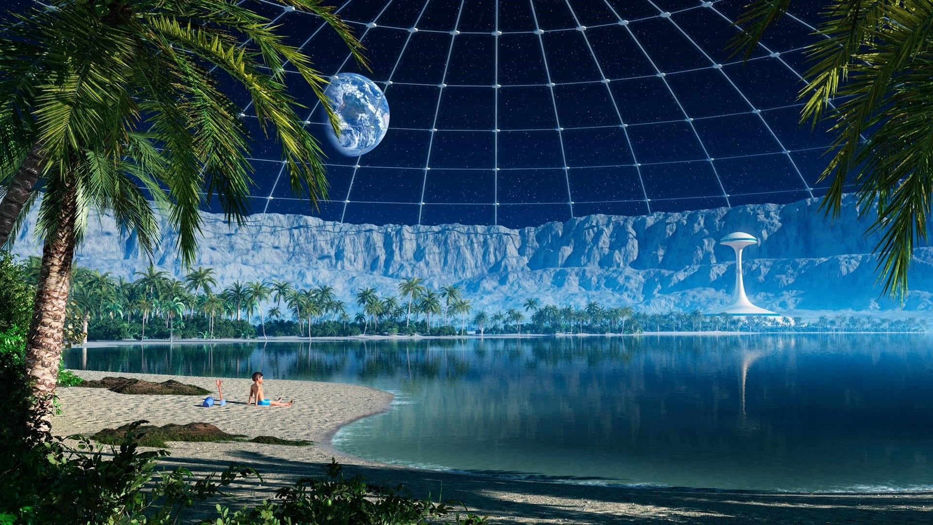 tranquility, palm tree, 1080P, beach, earth, travel, night, travel destinations, surface, tranquil scene, futuristic, nature, earthlike, outdoors, tropical climate, HD Wallpaper