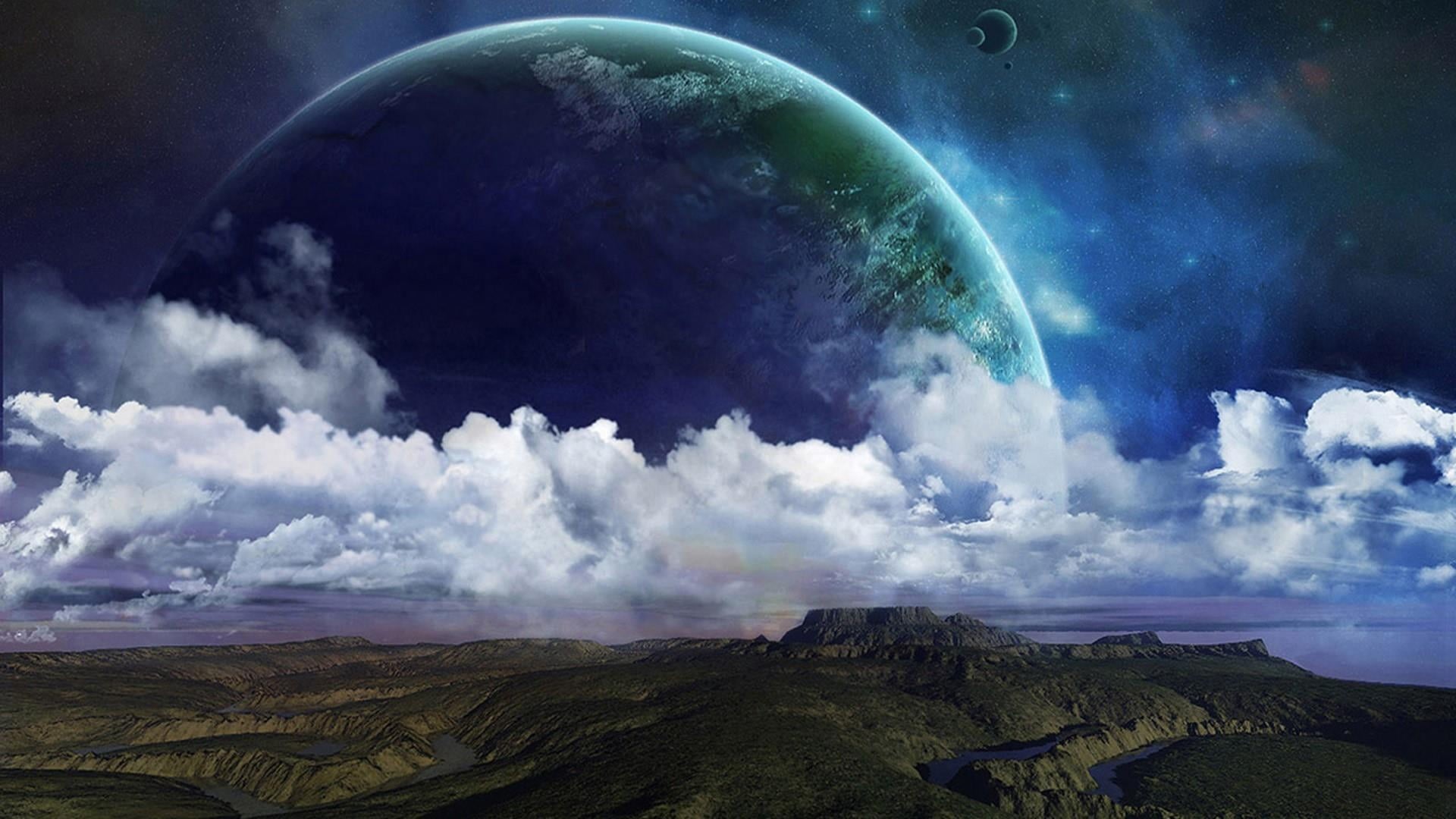 landscape, fantasy art, volcano, beauty in nature, nature, cloud - sky, cloud, environment, 1080P, sky, earth, earthlike, space, non-urban scene, land, HD Wallpaper