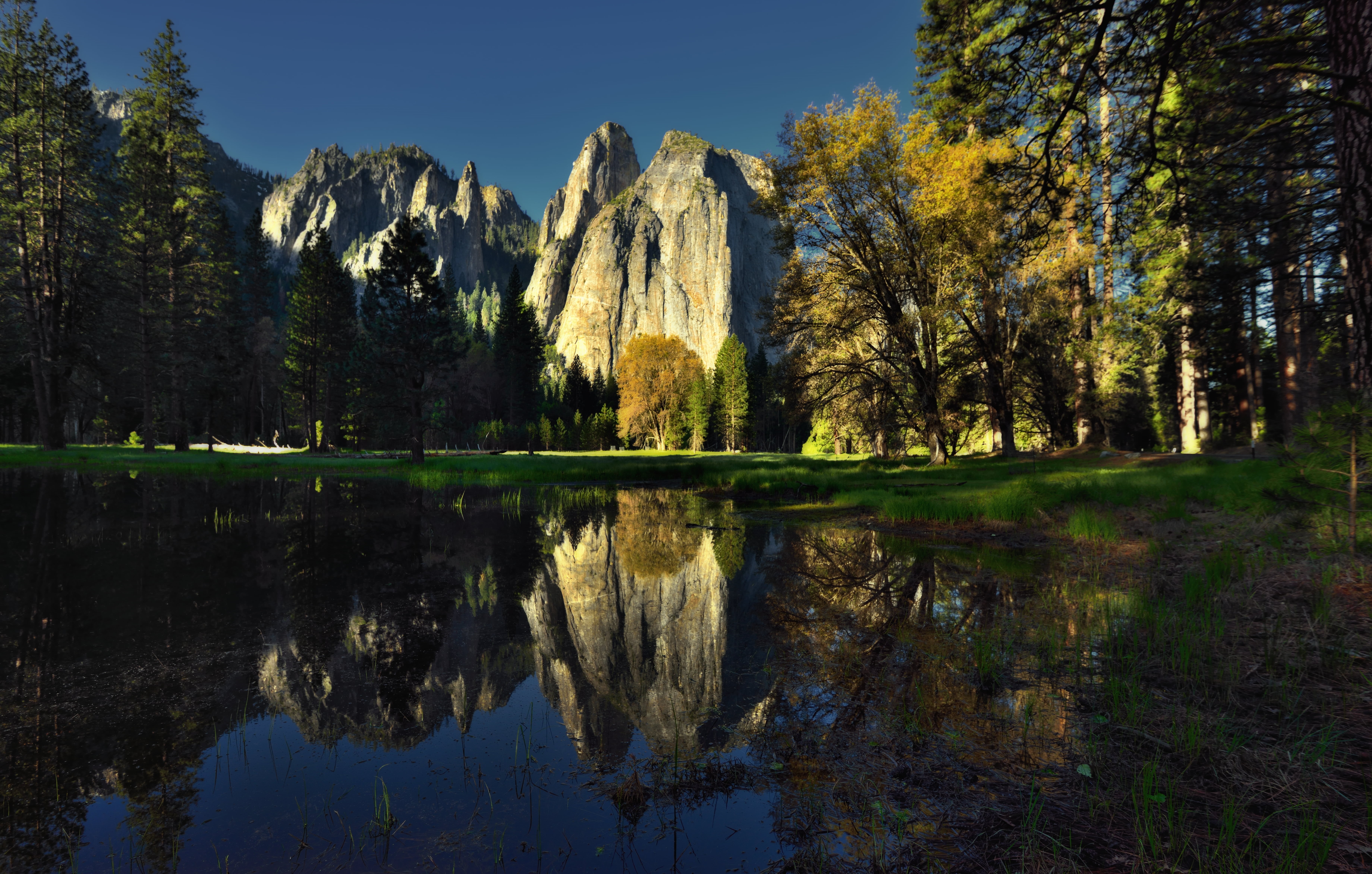 body of water, Light  body, NX2, Trees, Middle, Capture, forest, Sunrise, Glass, scenics, Sierra Nevada, United States, Yosemite National Park, mountain, HD Wallpaper