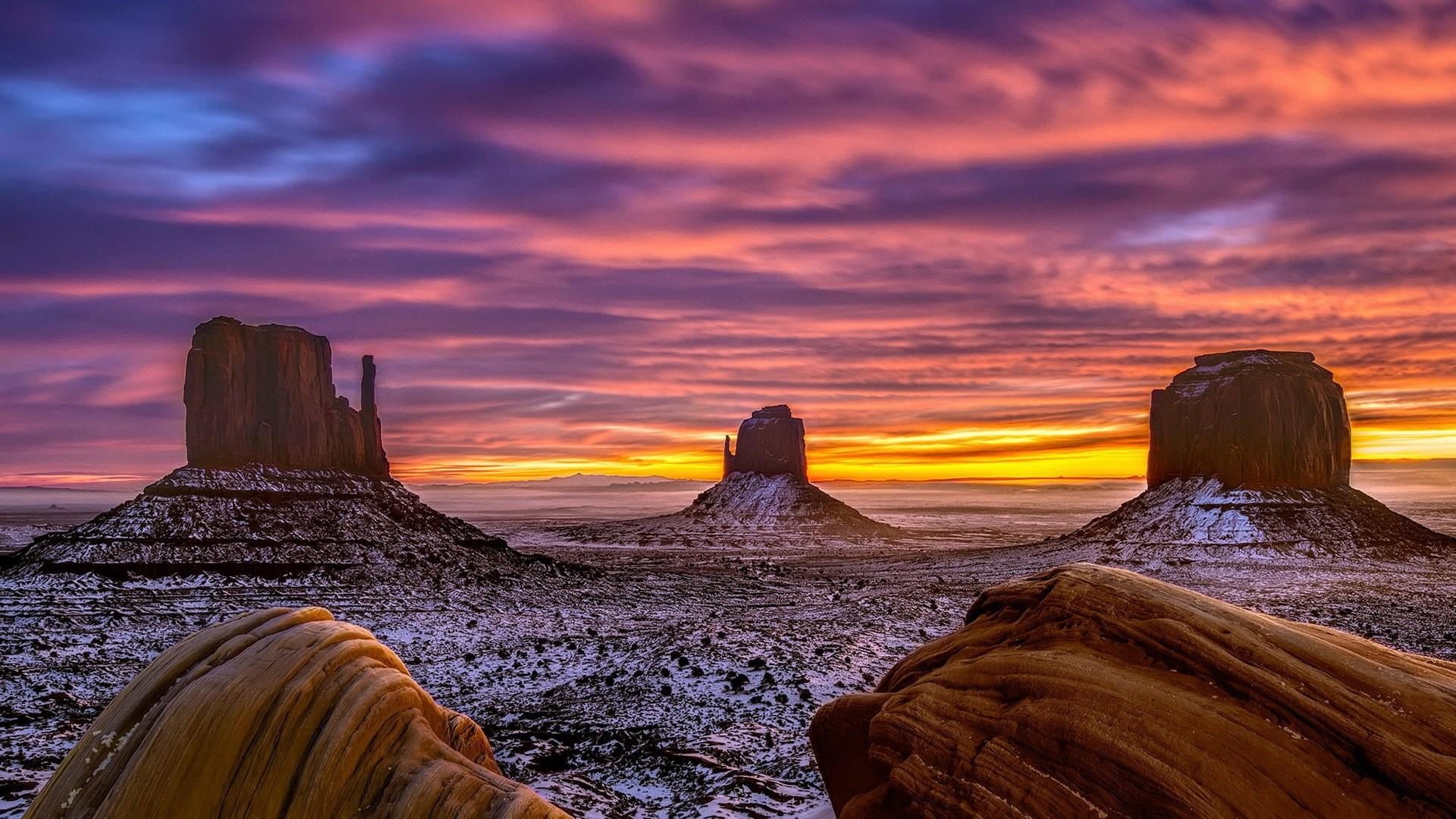 scenics - nature, hunts mesa, rock, sky, snow, badlands, land, horizon, west and east mitten buttes, rock - object, orange color, outdoors, travel destinations, HD Wallpaper