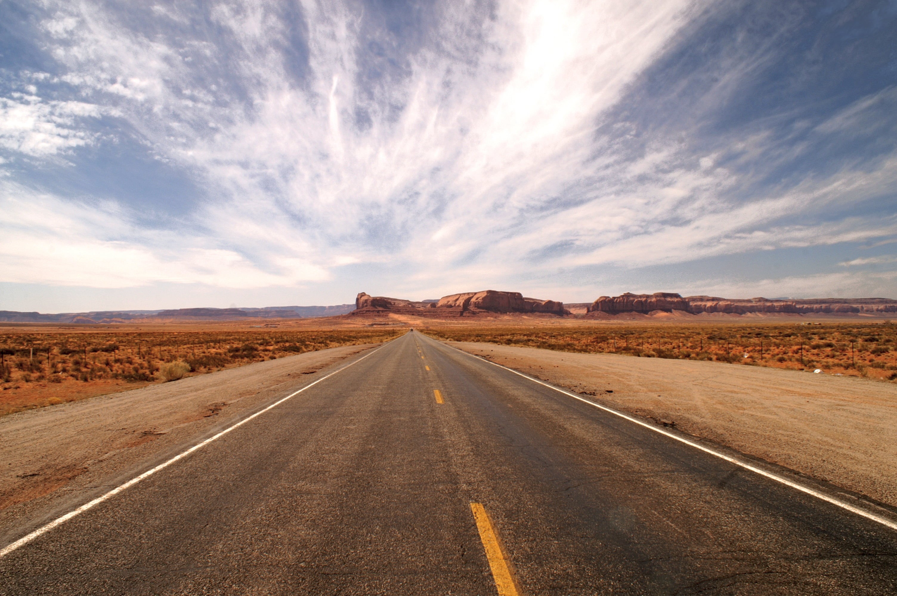 West  Road, Navajo, Desert, Winner, Monument Valley, blue, nature, Vast, America, scenics, Vanishing Point, Orange, Sky, Red, Distance, Point  Clouds, AZ, HD Wallpaper