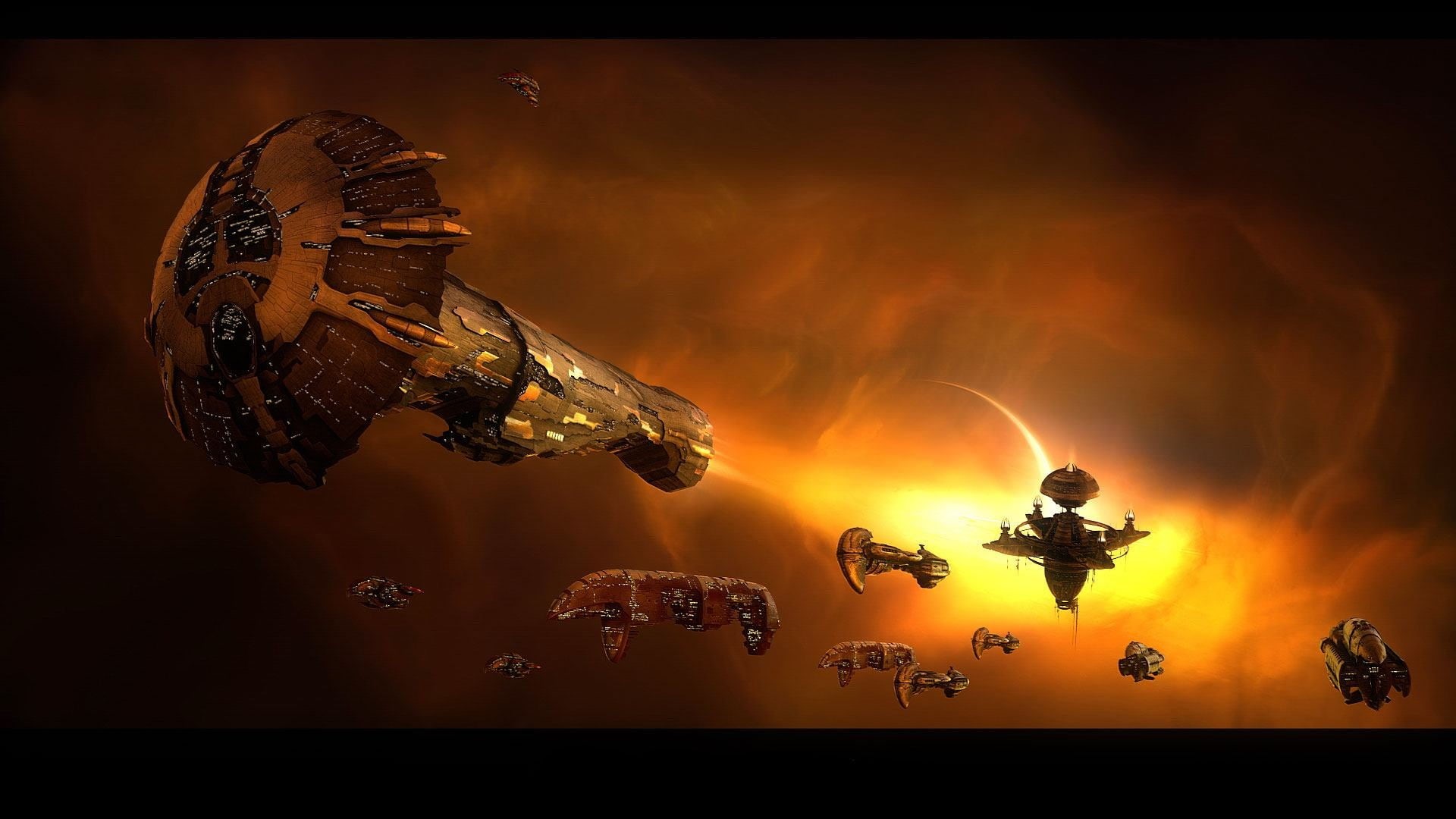 Amarr, digital composite, business, occupation, full length, night, spaceship, outdoors, people, mid-air, smoke - physical structure, orange color, water, HD Wallpaper