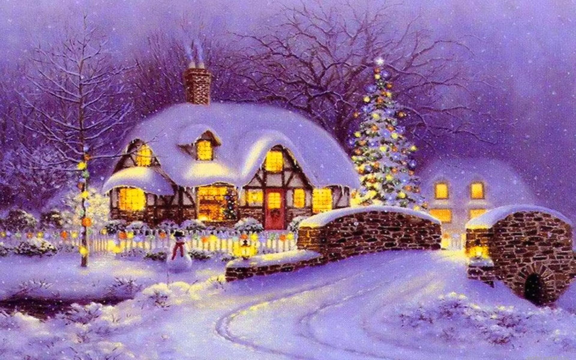 1080P, ligh, evening, snow, decoration, merry christmas, snowman, village, cold, town, christmas, peaceful, new year, road, HD Wallpaper