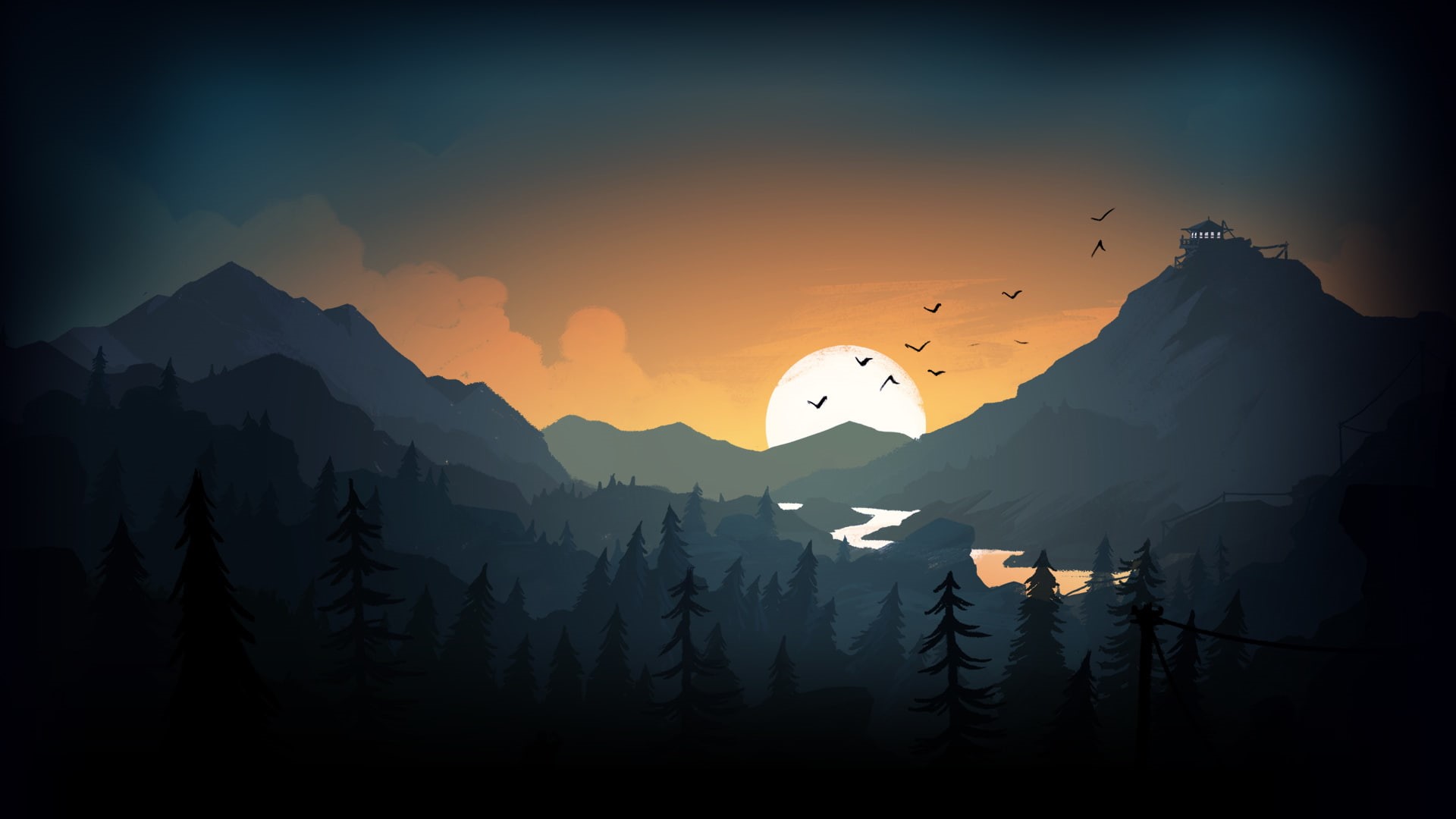 firewatch, drawing, mountains, 1080P, evening, sunset, HD Wallpaper