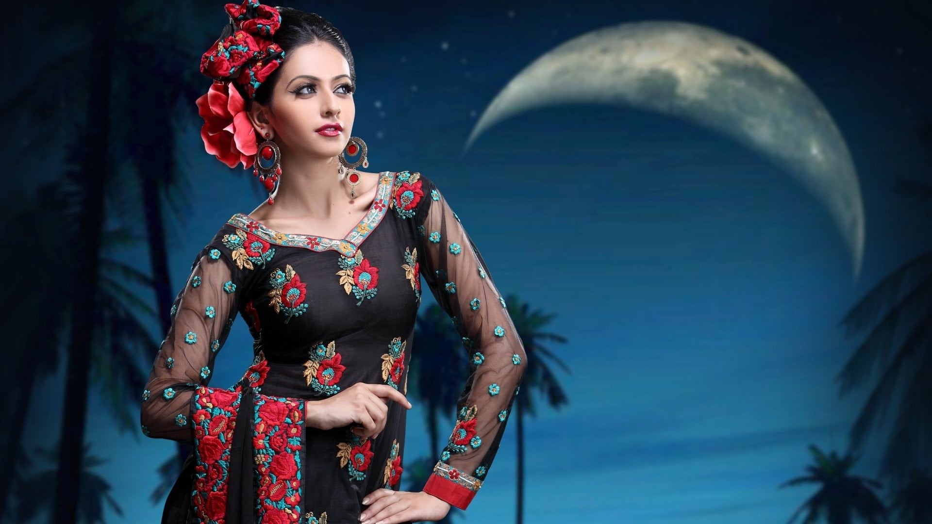 front view, standing, Actresses, adult, Rakul Preet Singh, leisure activity, looking away, traditional clothing, looking, 1080P, women, hairstyle, fashion, HD Wallpaper
