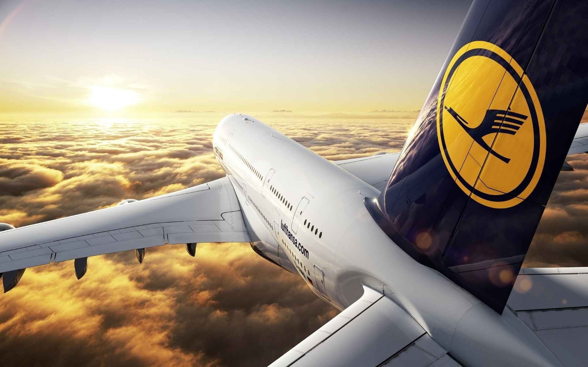 engine, 1080P, Lufthansa, close-up, luftansa, travel, flying, mode of transportation, Airbus A-380-861, cloud - sky, sunset, plane, aircraft wing, transportation, HD Wallpaper