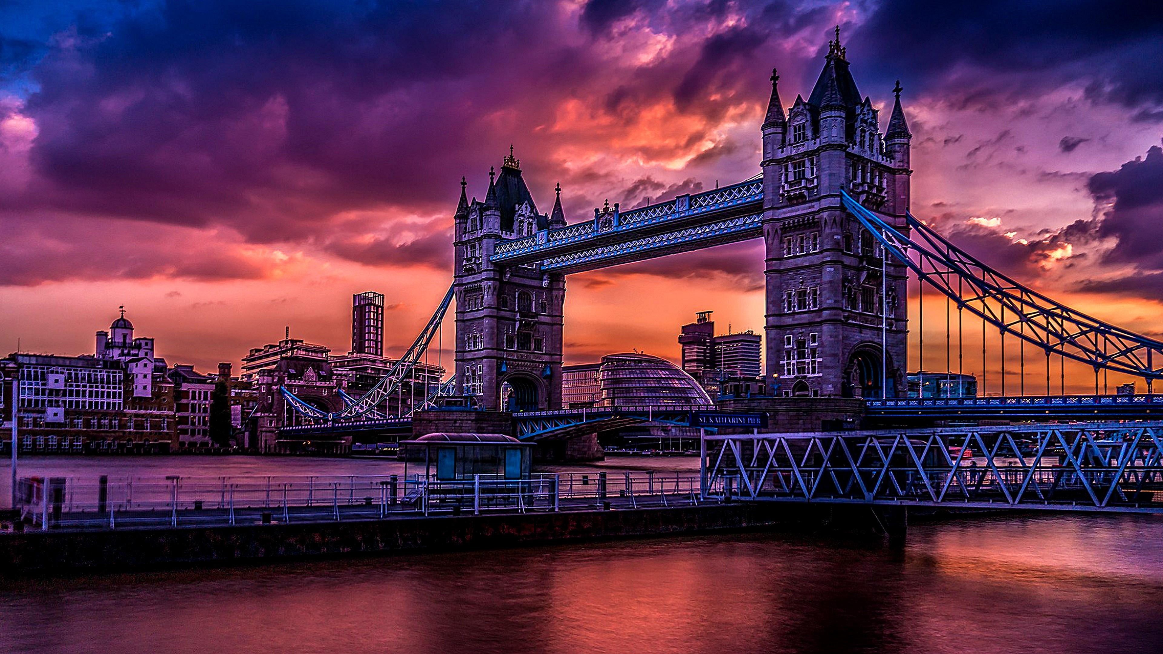 building exterior, illuminated, cloud - sky, bridge - man made structure, dusk, connection, purple, city, great britain, bridge, architecture, 4K, clouds, HD Wallpaper