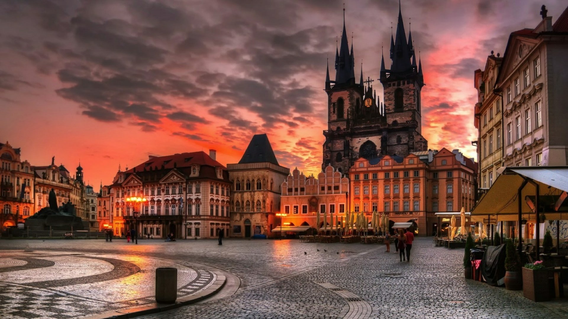cloud, czechia, dusk, czech republic, sunset, sky, europe, cityscape, church, town square, evening, square, prague, cobble stones, old town square, tourist attraction, HD Wallpaper