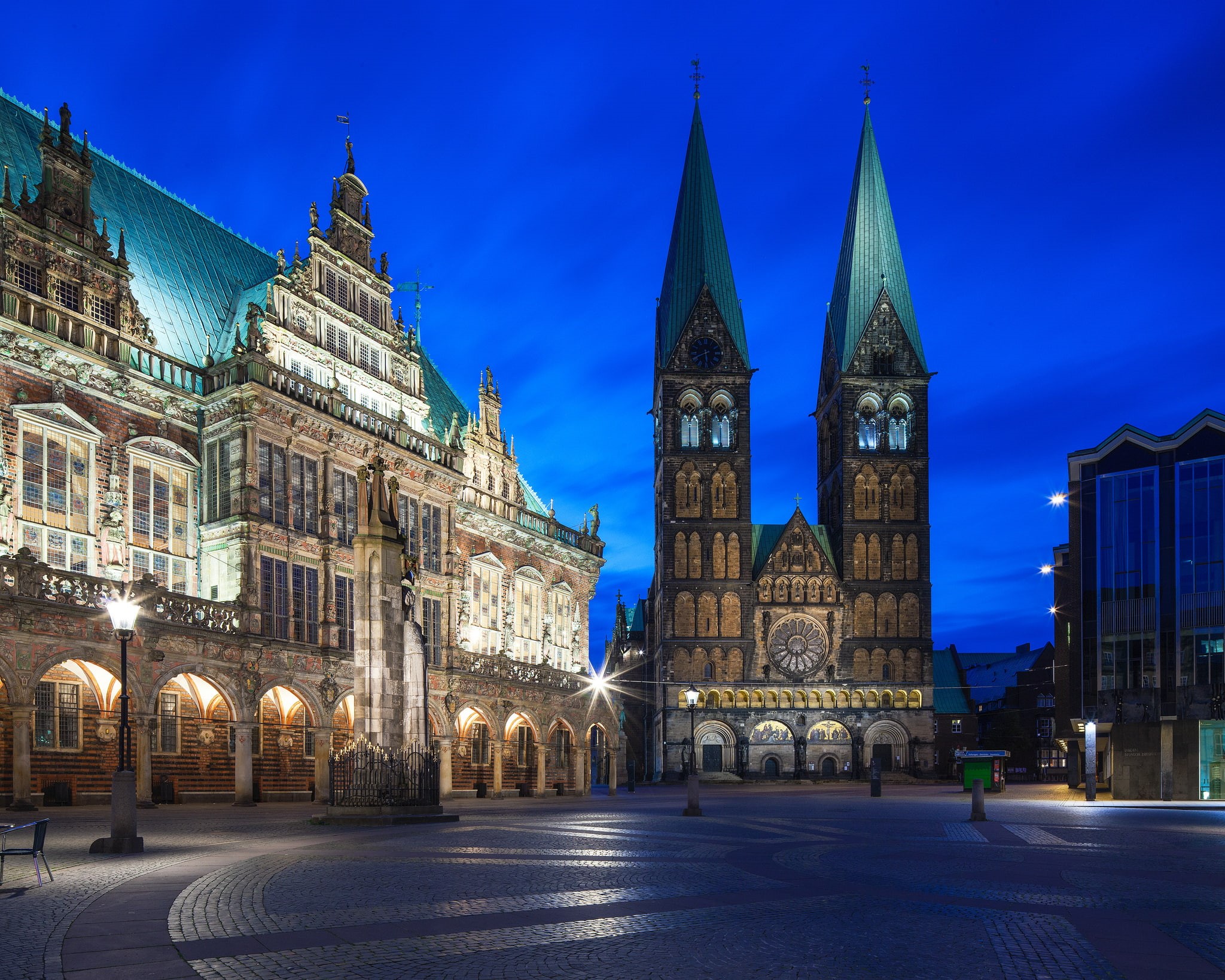 the sky, night, Germany, architecture, 1080P, night city, Bremen, Bremen City Hall, blue, lighting, lights, The Bremen town hall, the city, HD Wallpaper