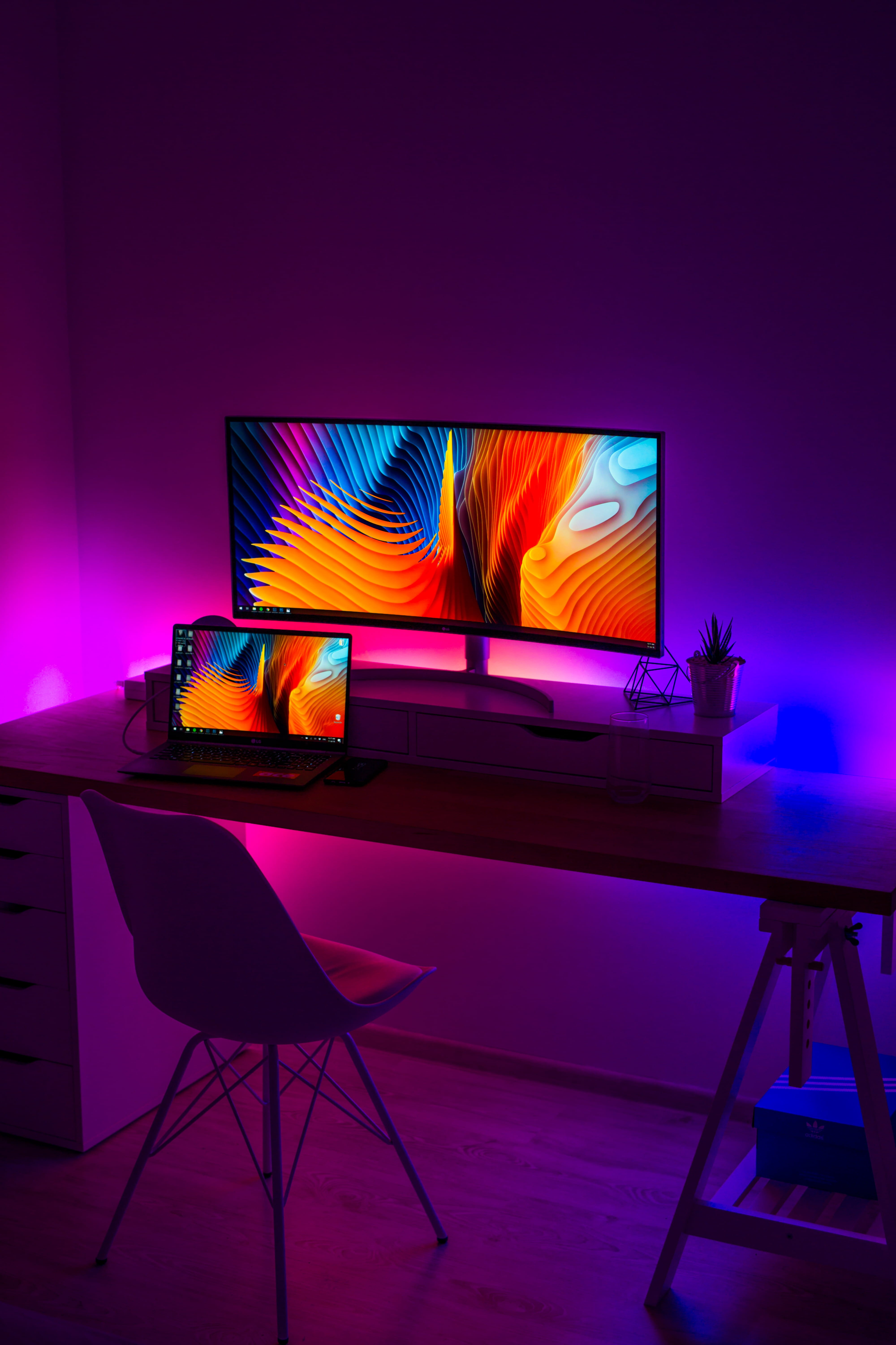 table, chair, technology, home, desk, night, macbook, laptop, modern, domestic Room, black, computer, neon, no People, furniture, light - Natural Phenomenon, Phone HD Wallpaper