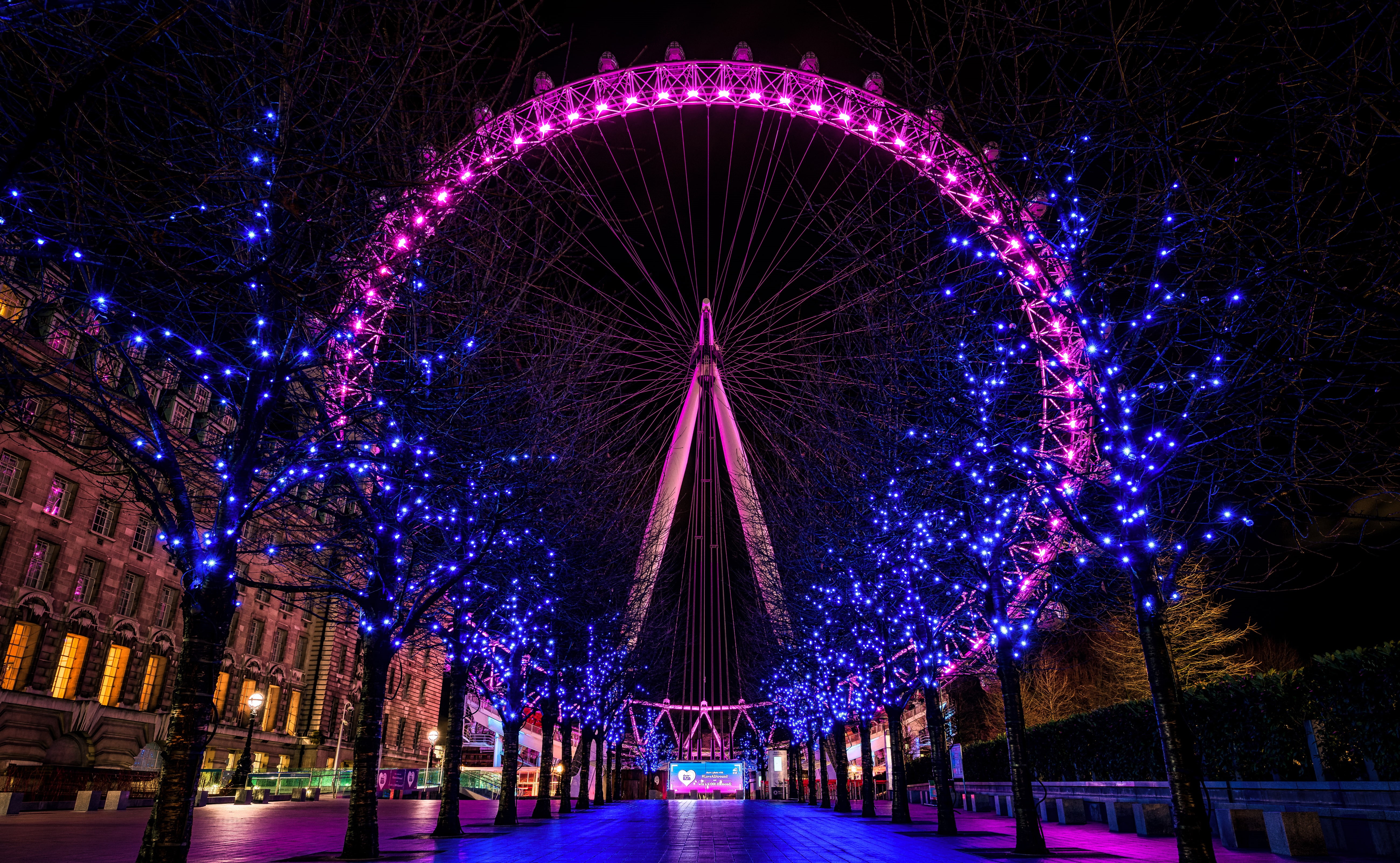 Neon lights, Magenta hue, 5K, 5K, London Eye, Night, Glowing lights, HD Wallpaper
