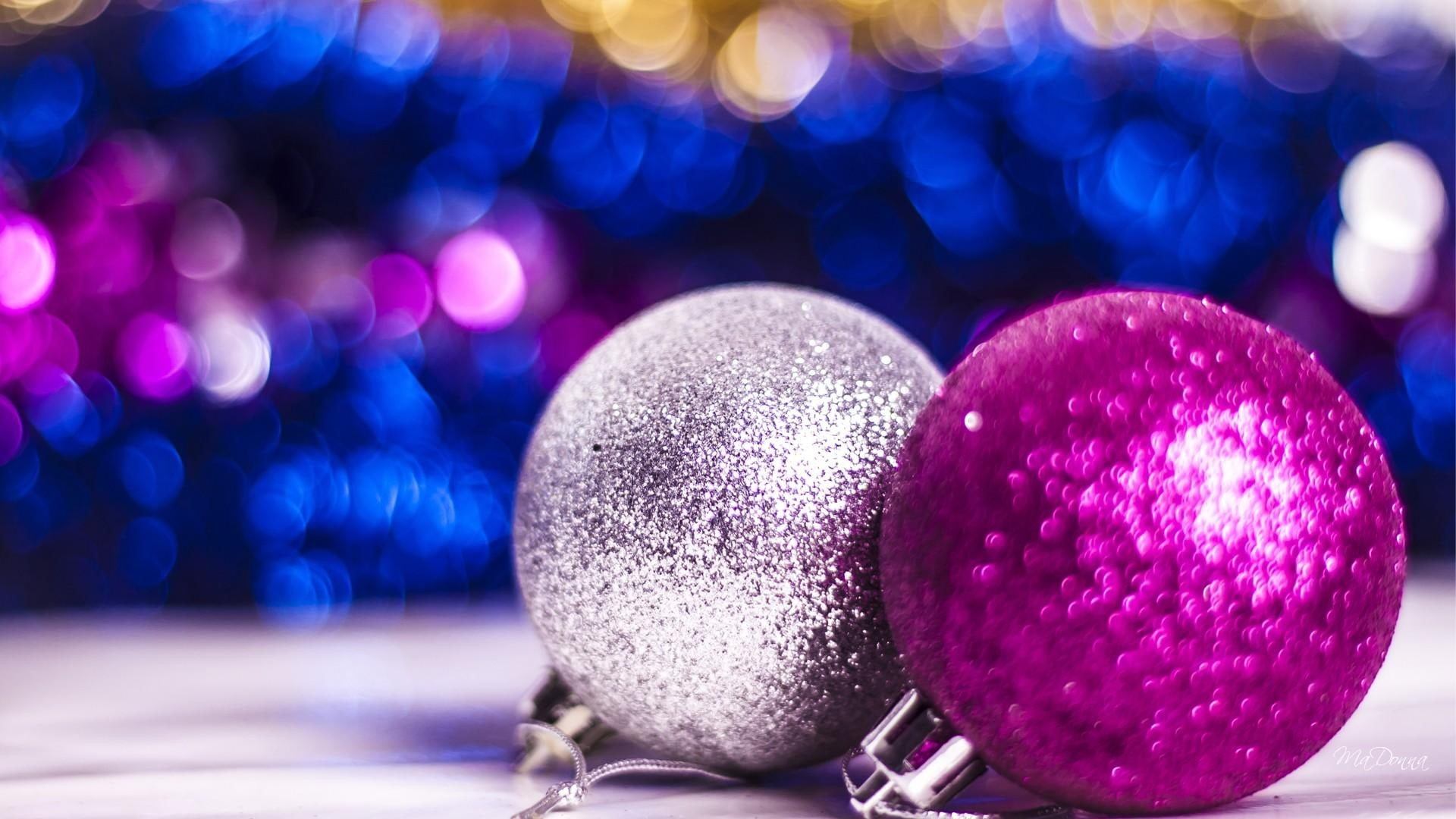 new year, purple, feliz navidad, decorations, pink, 1080P, bright, christmas, xmas, shiny, blue, balls, HD Wallpaper