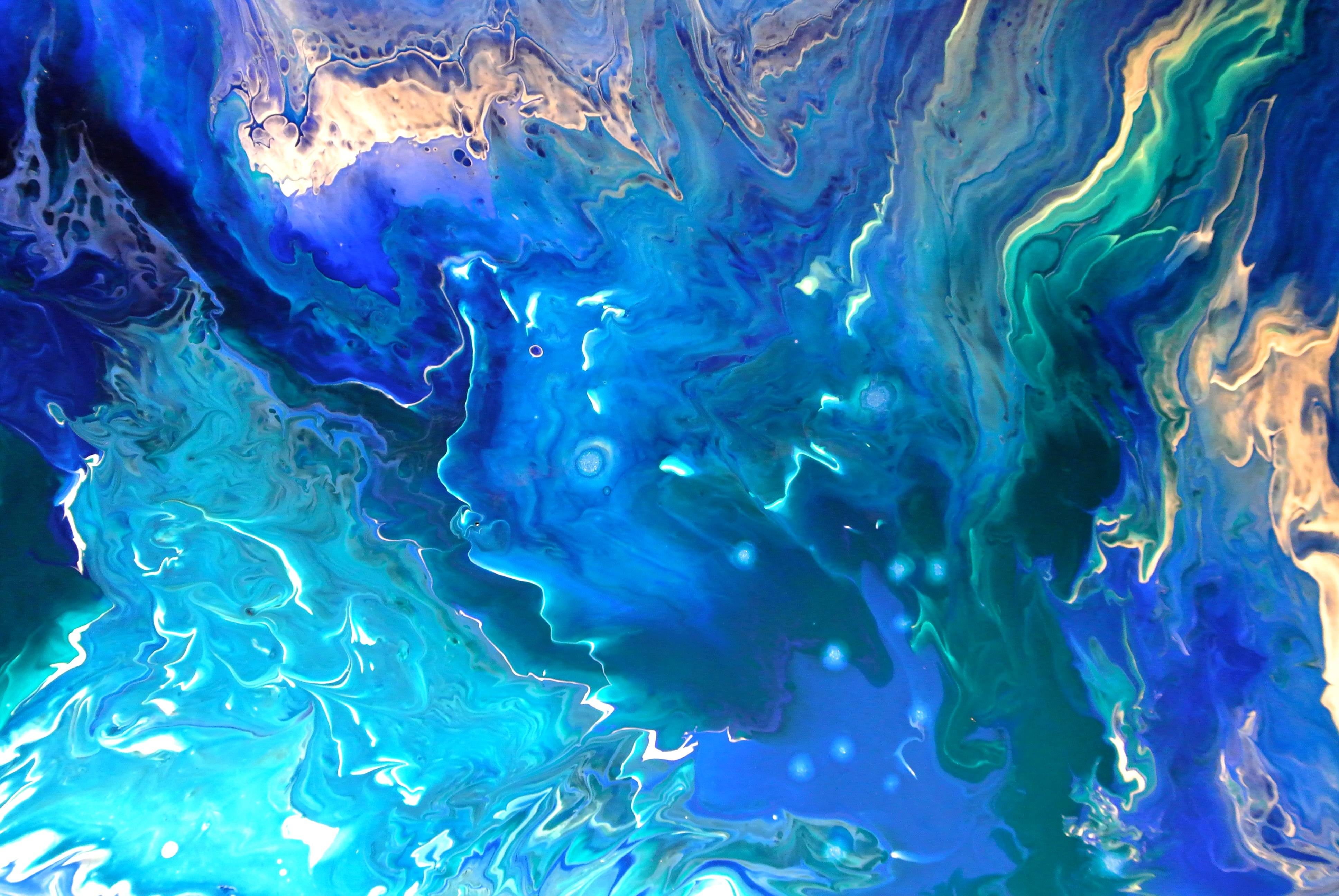 studio shot, indoors, turquoise, mixing, water, no people, complexity, motion, full frame, cyan, nature, pattern, abstract backgrounds, vibrant color, 4K, HD Wallpaper