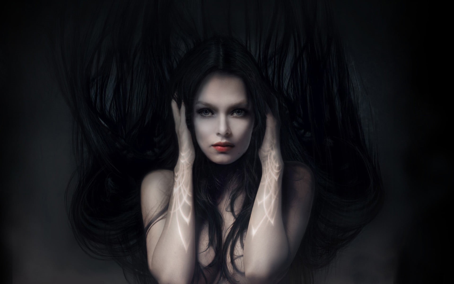 beautiful people, women, studio shot, dark, beauty, s, artwork, adult, fantasy girl, contemplation, woman, face, front view, young women, one person, long hair, HD Wallpaper