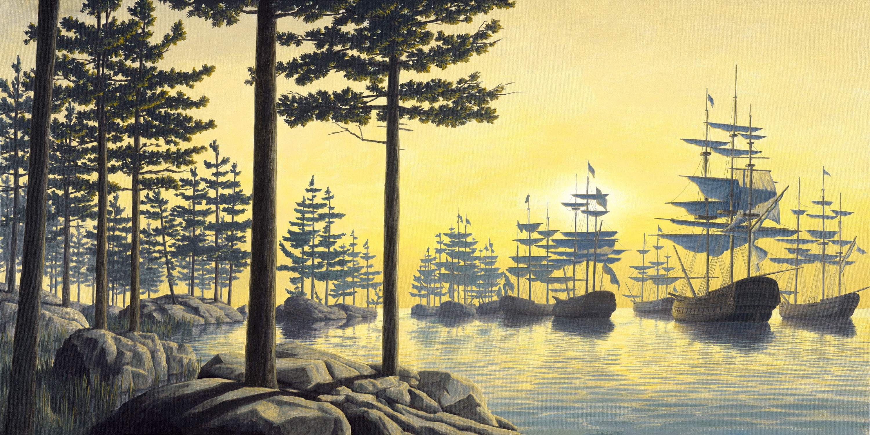 Rob Gonsalves, 2K, nature, trees, artwork, surreal, ship, HD Wallpaper