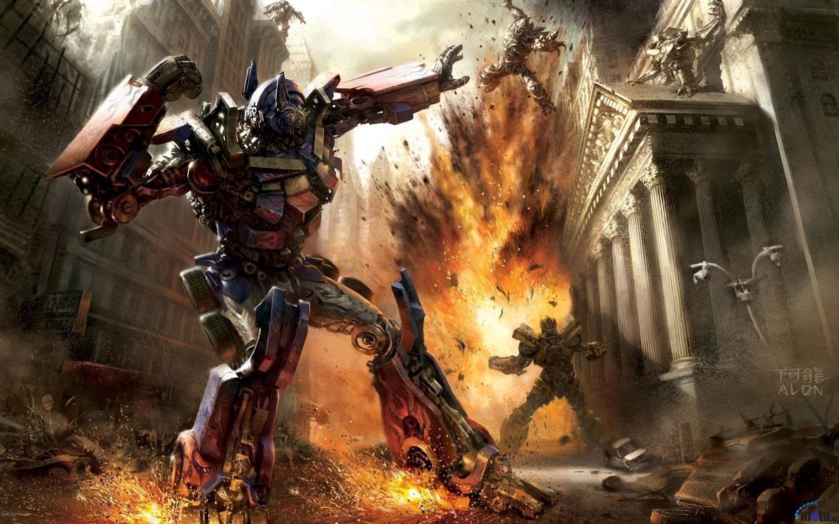 transformer, indoors, technology, fire, water, smoke - physical structure, fantasy art, Transformers: The Game, people, machinery, burning, industry, exploding, HD Wallpaper