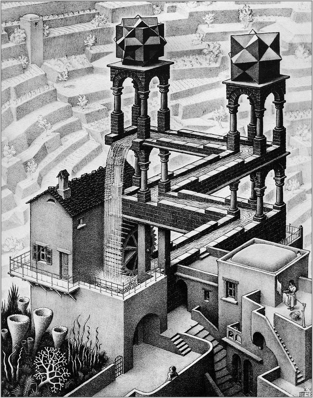 720P, M. C. Escher, waterfall, Lithograph, Optical Illusion, Phone HD Wallpaper