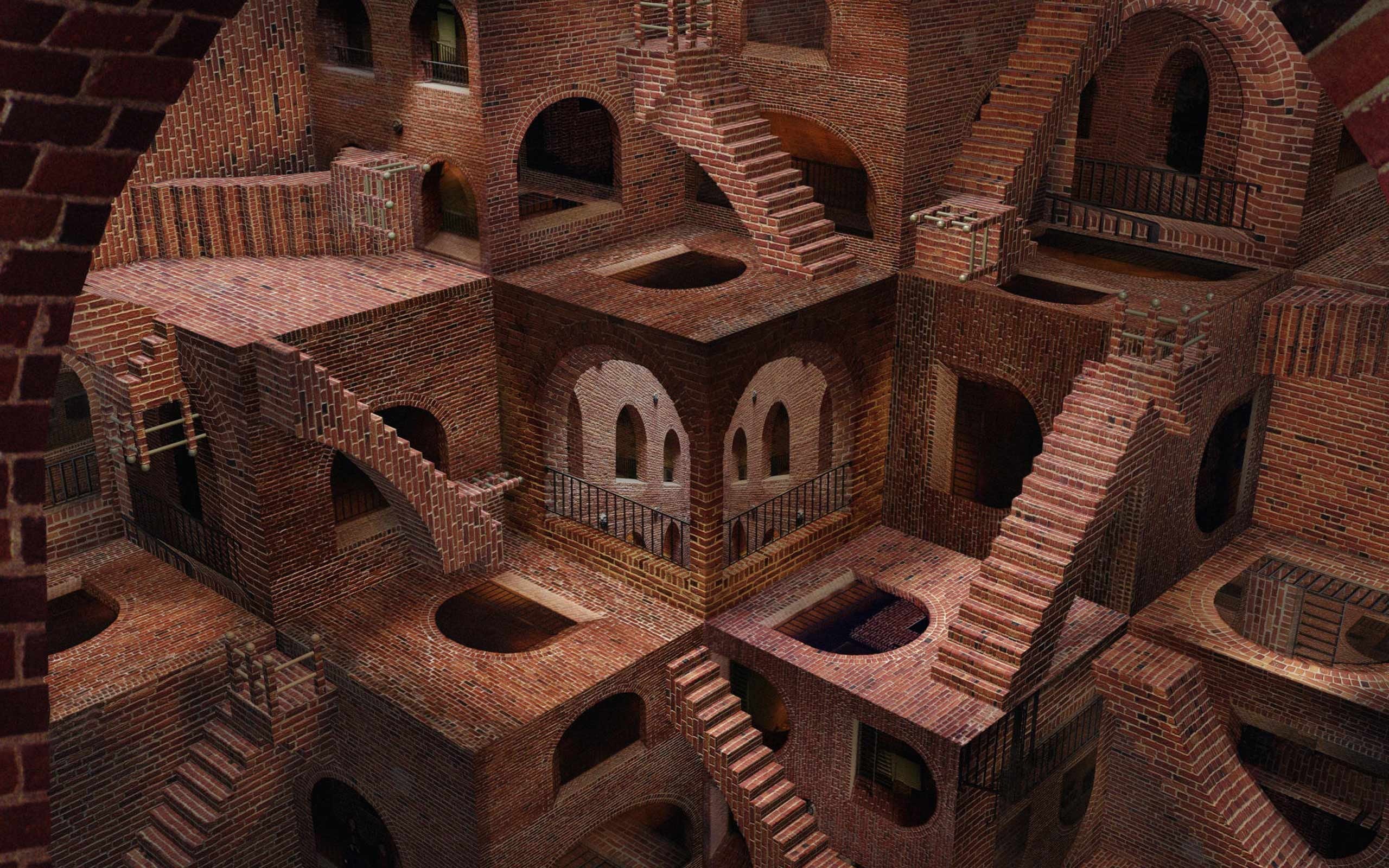 2560x1600 px, 3D, d, bricks, Optical Illusion, m, cgi, stairs, 2K, azumanga, digital, brown, surreal, x, stair, anime, c, building, M. C. Escher, optical, HD Wallpaper