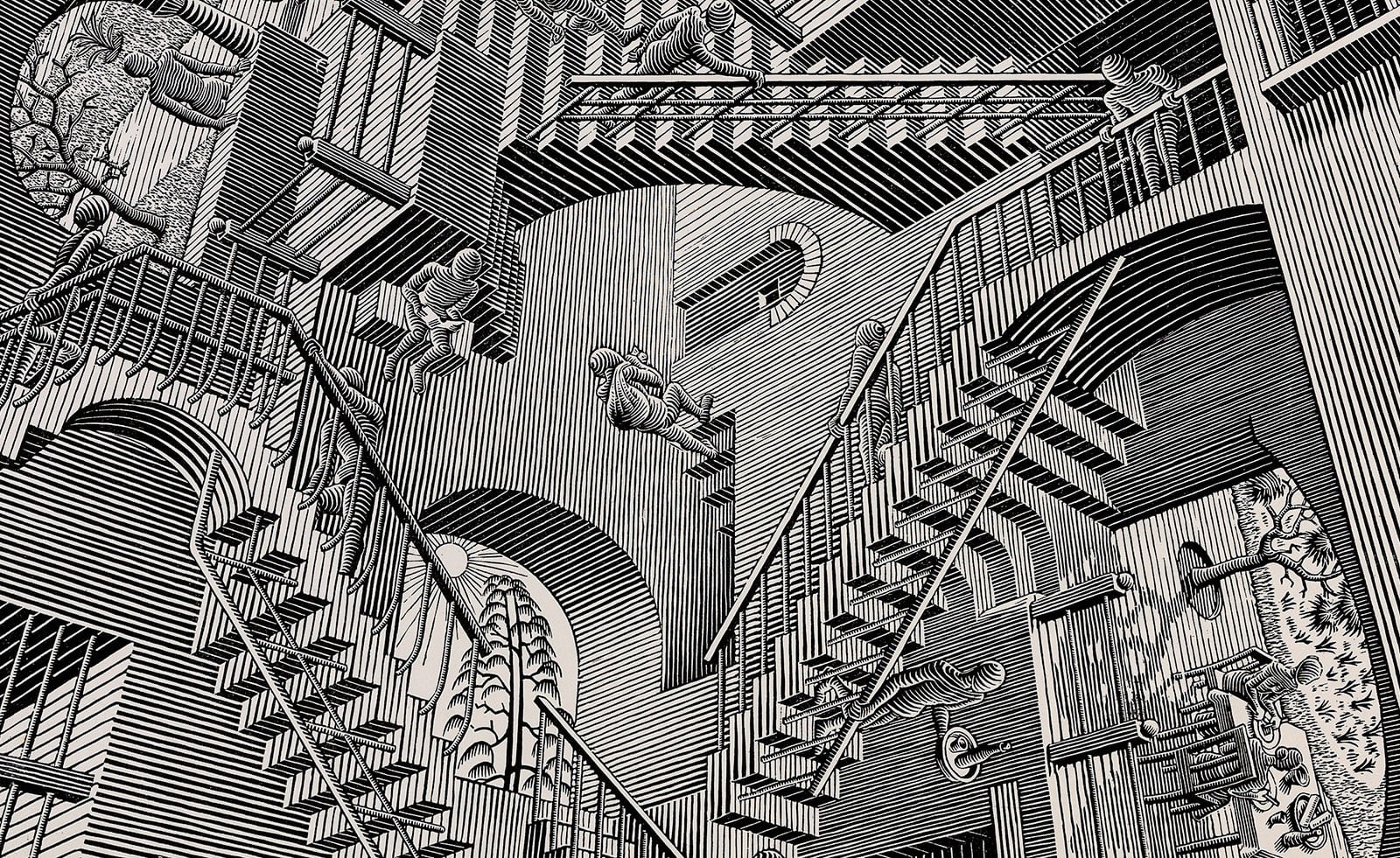indoors, artwork, optical illusion, staircase, 720P, stairs, monochrome, imagination, drawing, building, M. C. Escher, HD Wallpaper