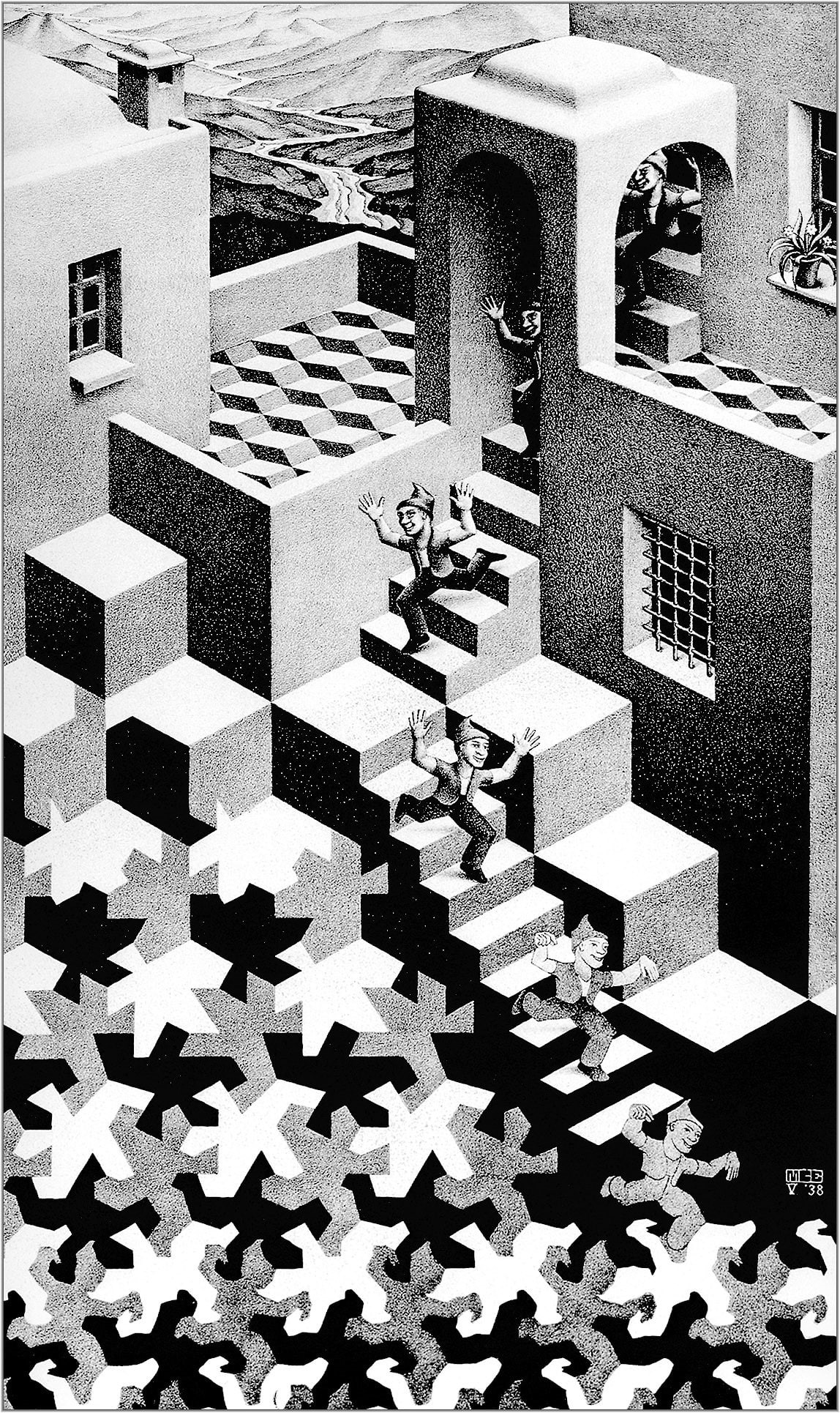monochrome, optical illusion, cube, portrait display, artwork, lithograph, 1080P, M. C. Escher, stairs, building, Phone HD Wallpaper