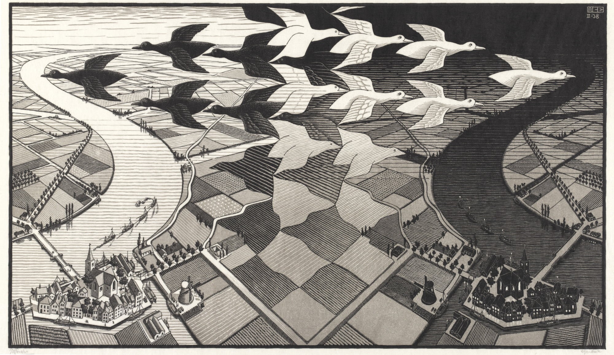 birds eye view, river, monochrome, artwork, drawing, birds, transformation, optical illusion, field, flying, 1080P, village, M. C. Escher, HD Wallpaper
