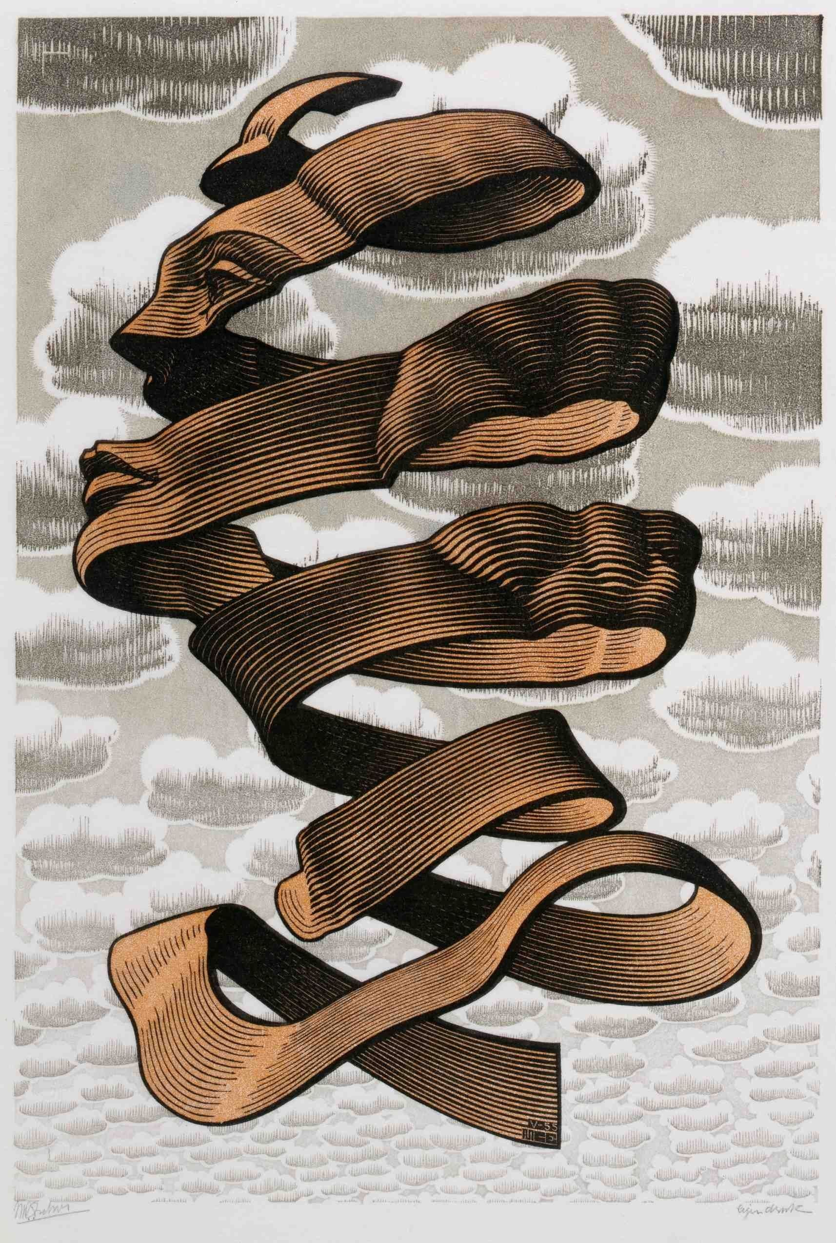 face, profile, optical illusion, M. C. Escher, portrait display, ribbon, artwork, drawing, 1080P, Phone HD Wallpaper