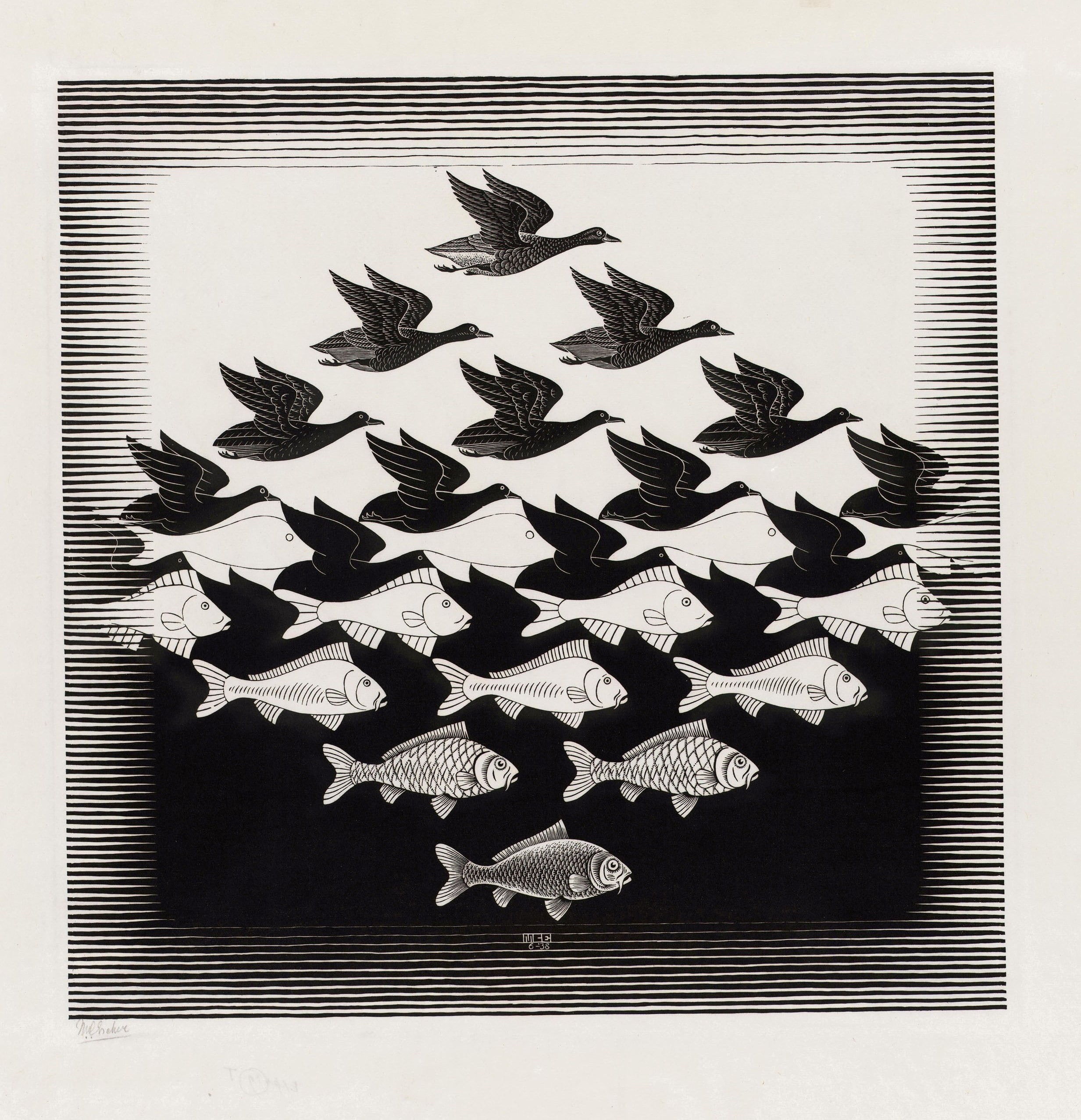 birds, animals, drawing, M. C. Escher, 1080P, signatures, optical illusion, illustration, fish, monochrome, artwork, Phone HD Wallpaper