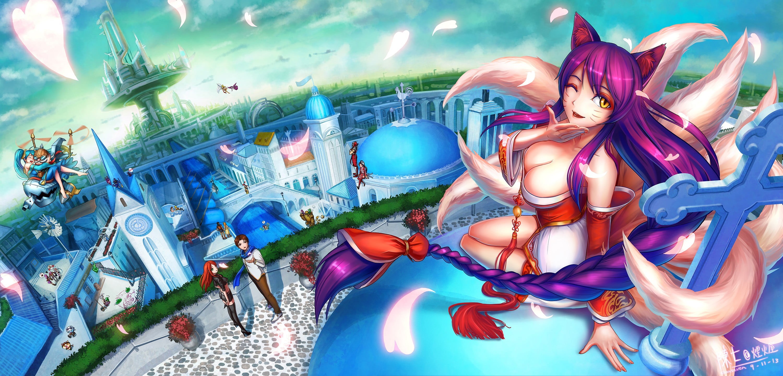 outdoors, Ahri, swimming pool, water, plant, tail, day, trip, directly above, high angle view, party, animal ears, multi colored, pool, blue, choice, 2K, HD Wallpaper