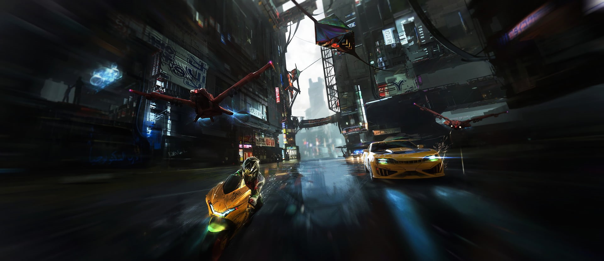 1080P, racing, motobike, road, shooting, digital art, city, science fiction, Mustafa Lamrani, car, vehicle, artwork, cyberpunk, drone, HD Wallpaper